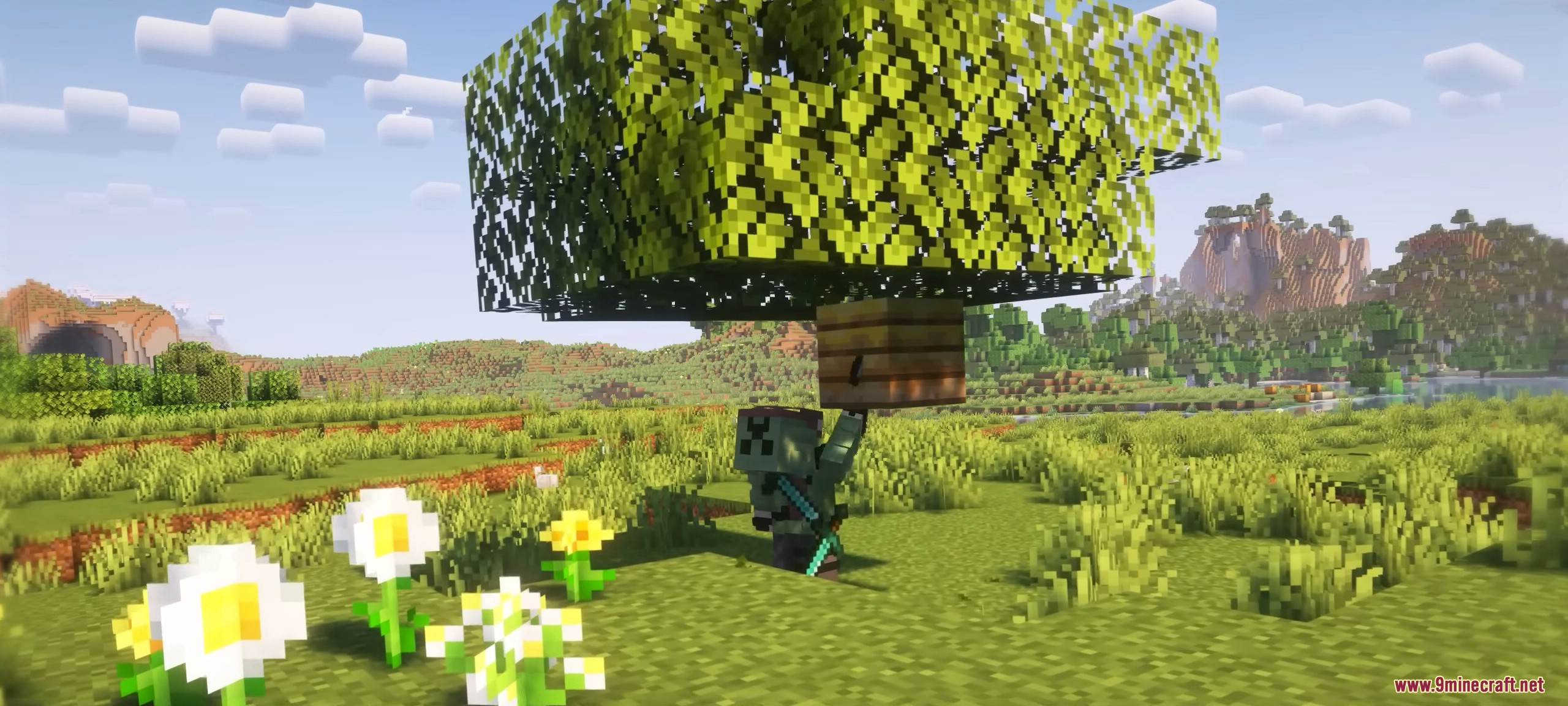 Chopping down an oak tree with the leaves still hanging above