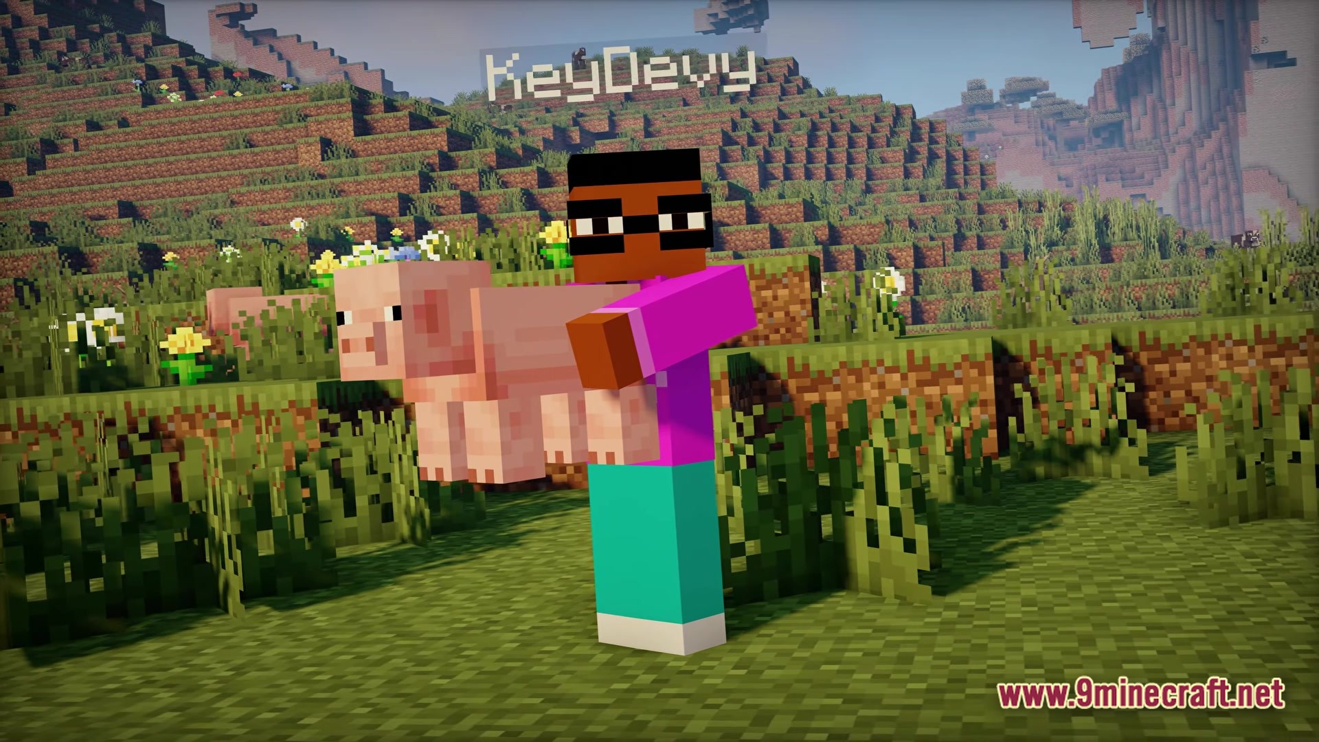 Carrying a pig across a flowery field with bare hands