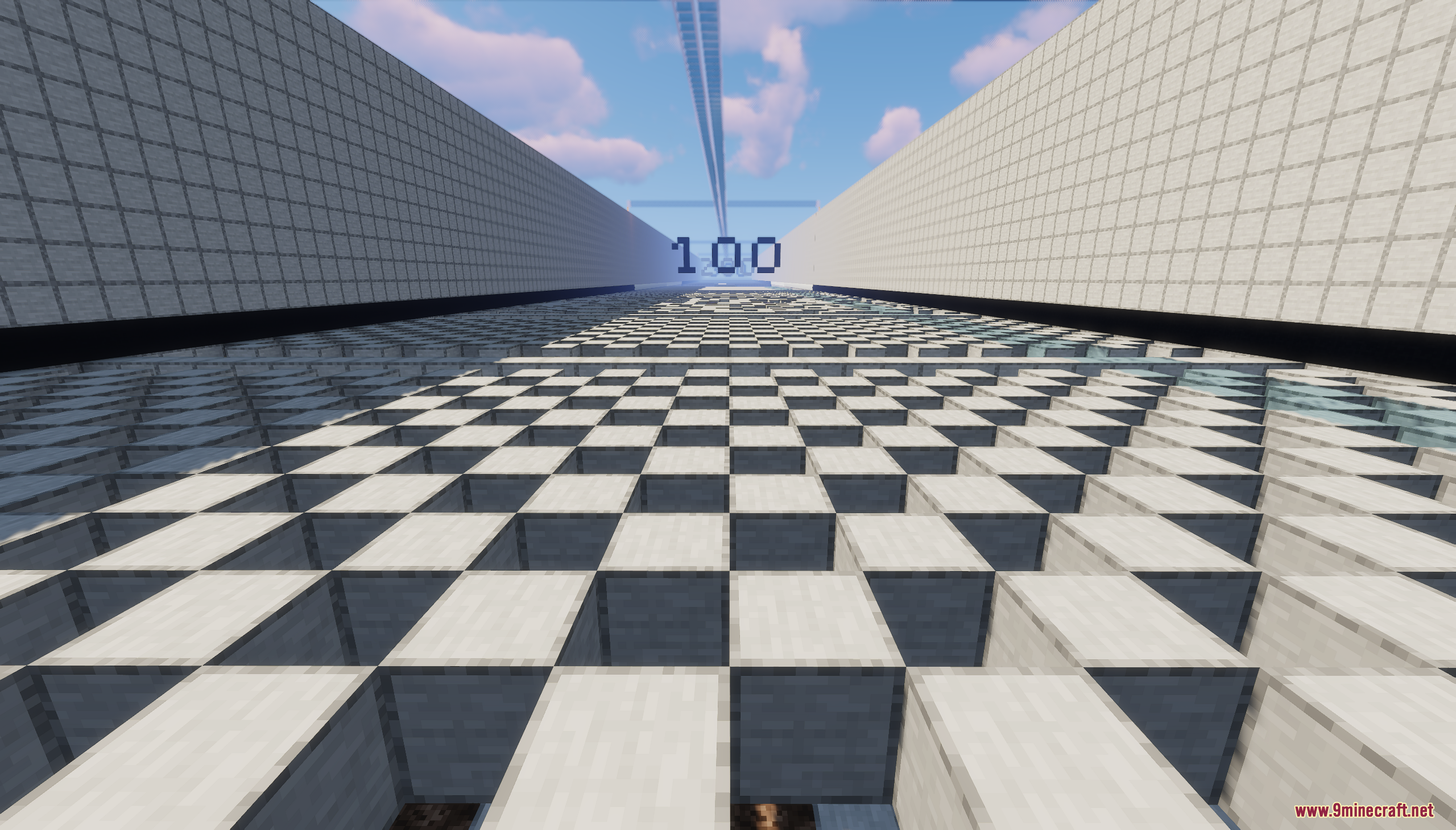 A long parkour course featuring checkered blocks and a large number sign