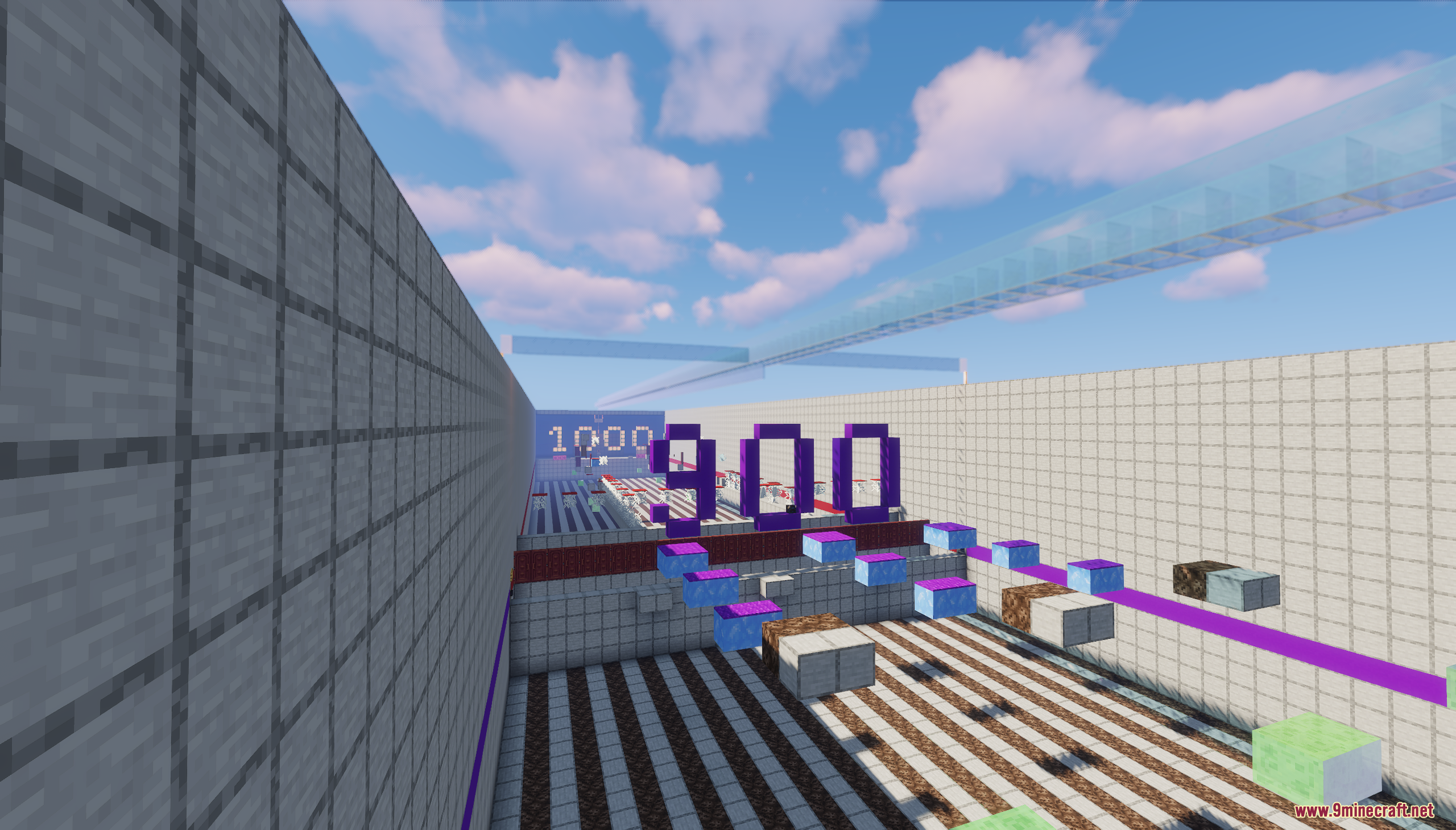 Floating ice and slime blocks on a parkour course near the final level