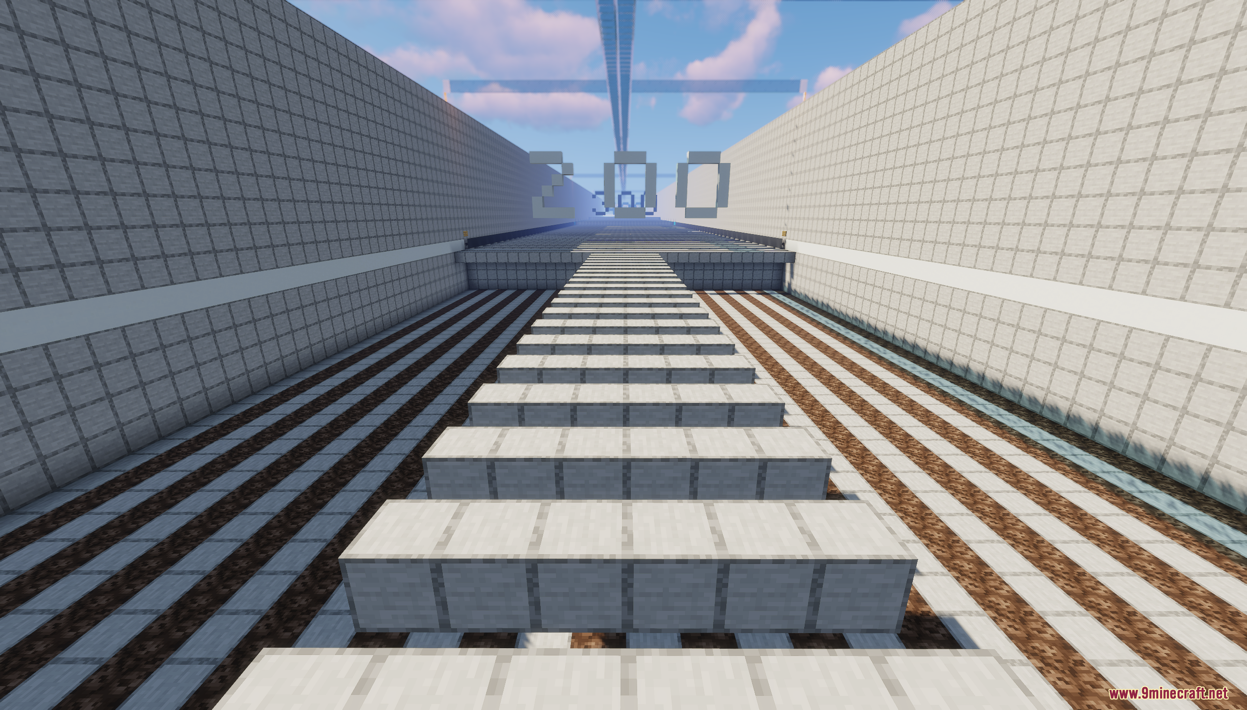 A long parkour course featuring white block platforms and the number 200