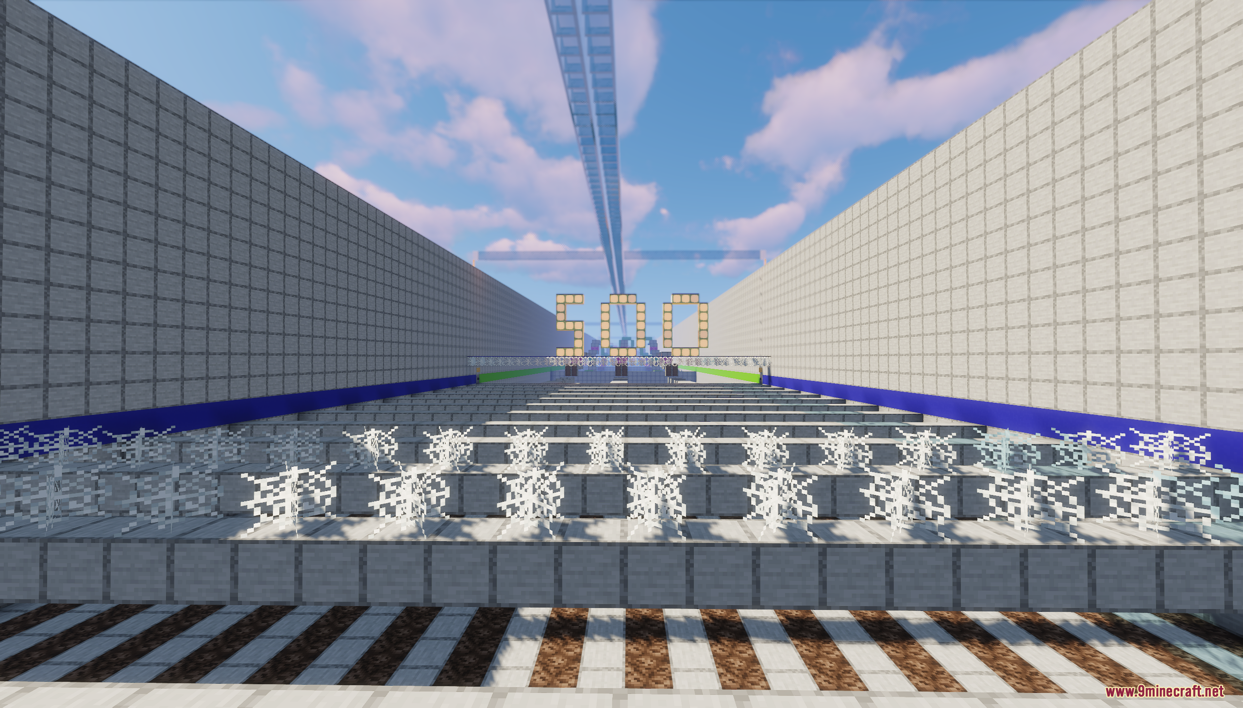 Minecraft parkour level with cobwebs on platforms and a large 500 sign