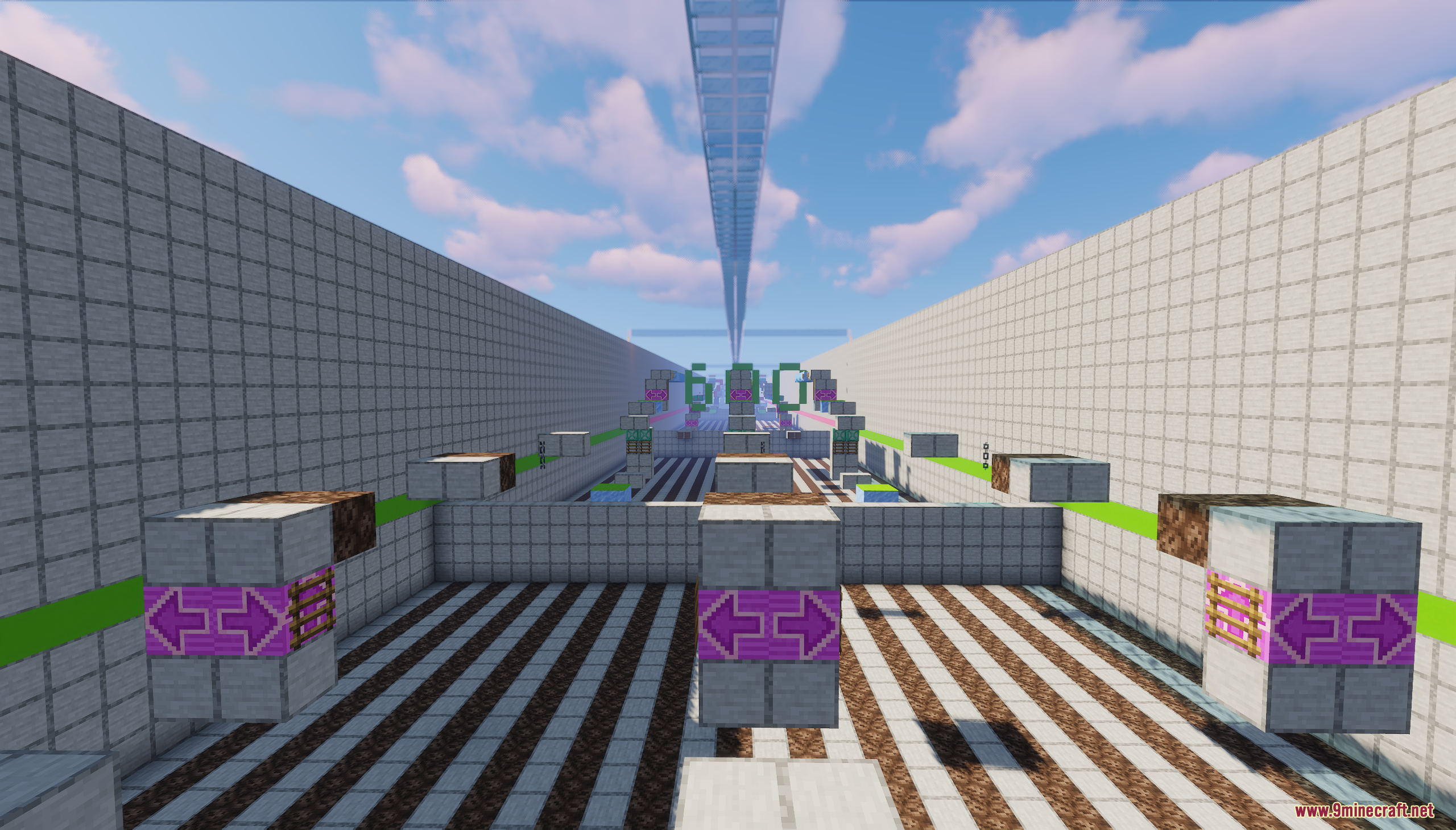 Minecraft parkour course with white walls and a large green 600 sign