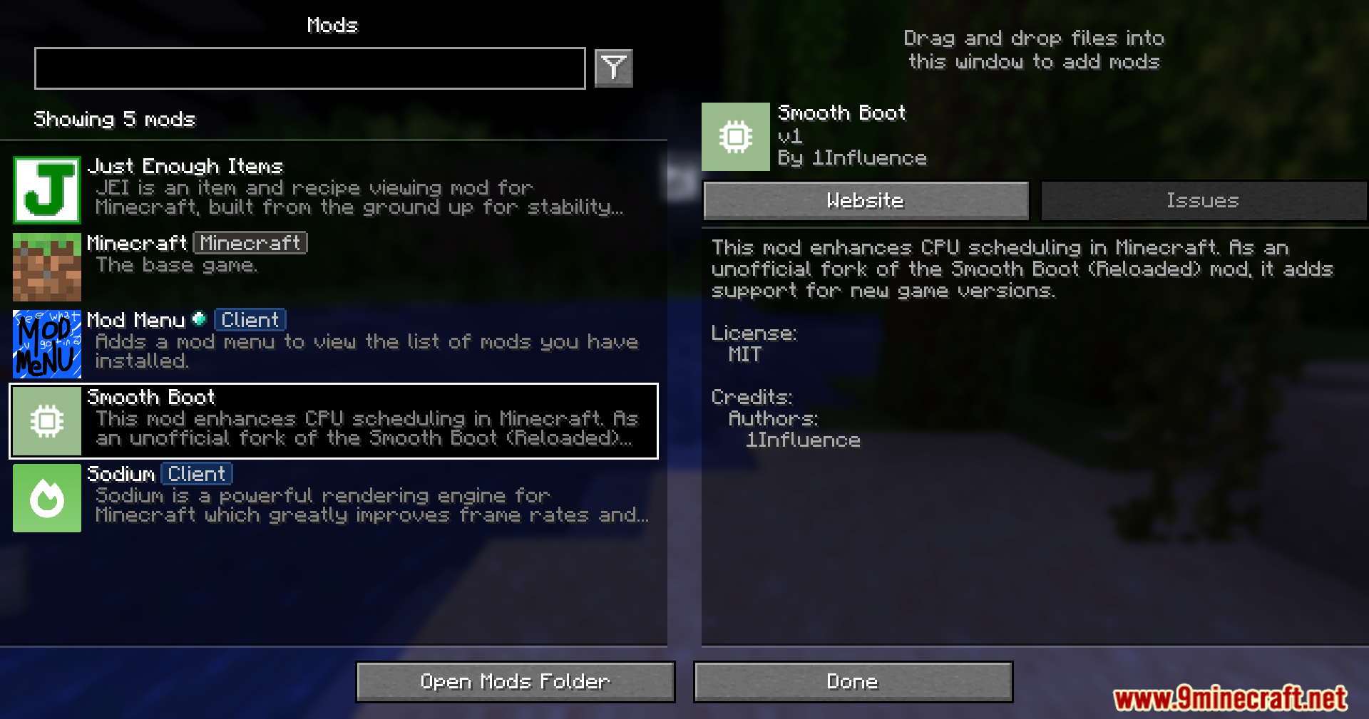 A list of installed Minecraft mods including Smooth Boot shown on the menu