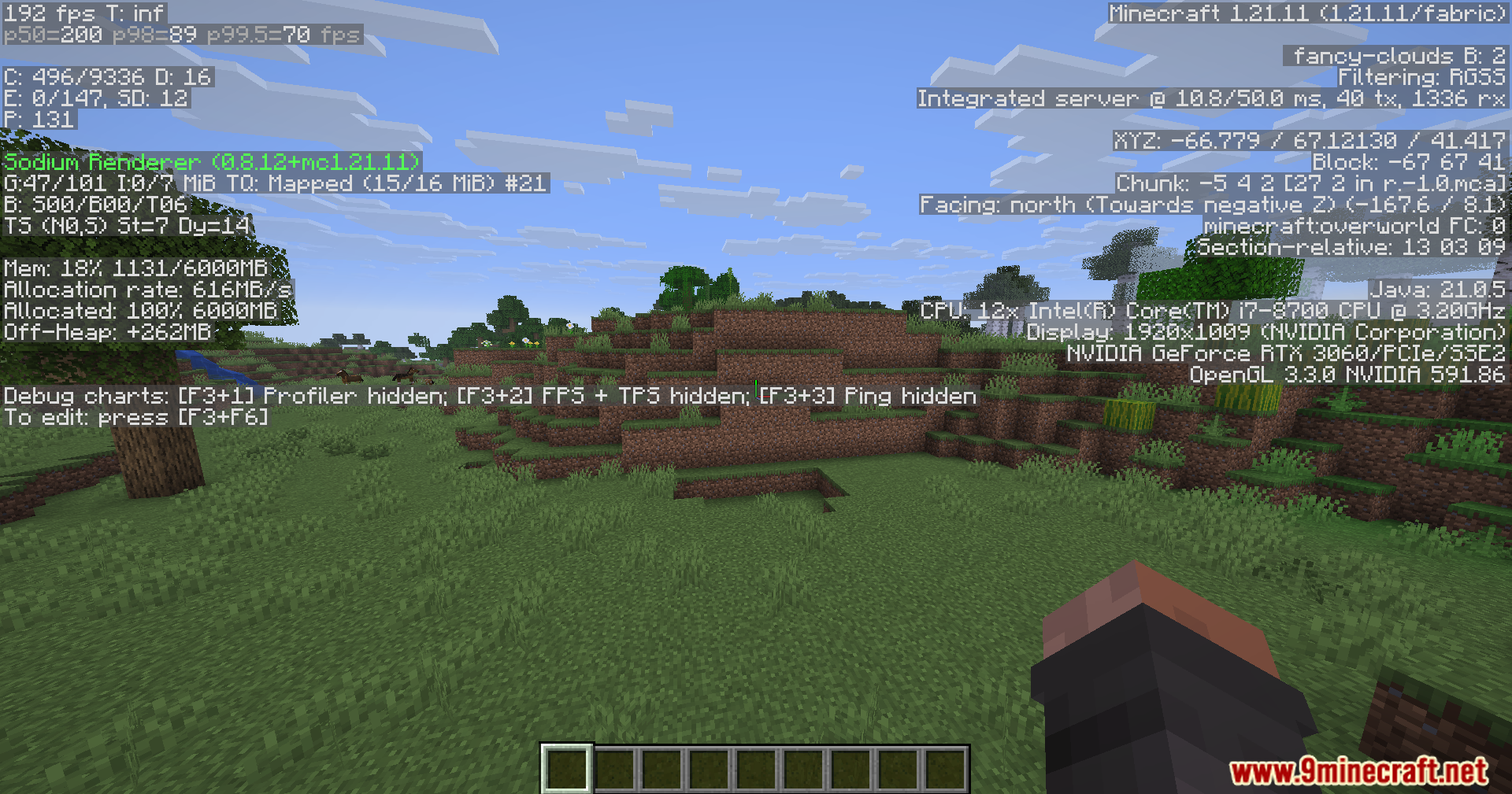 Minecraft debug menu showing high frame rates in a grassy plains biome