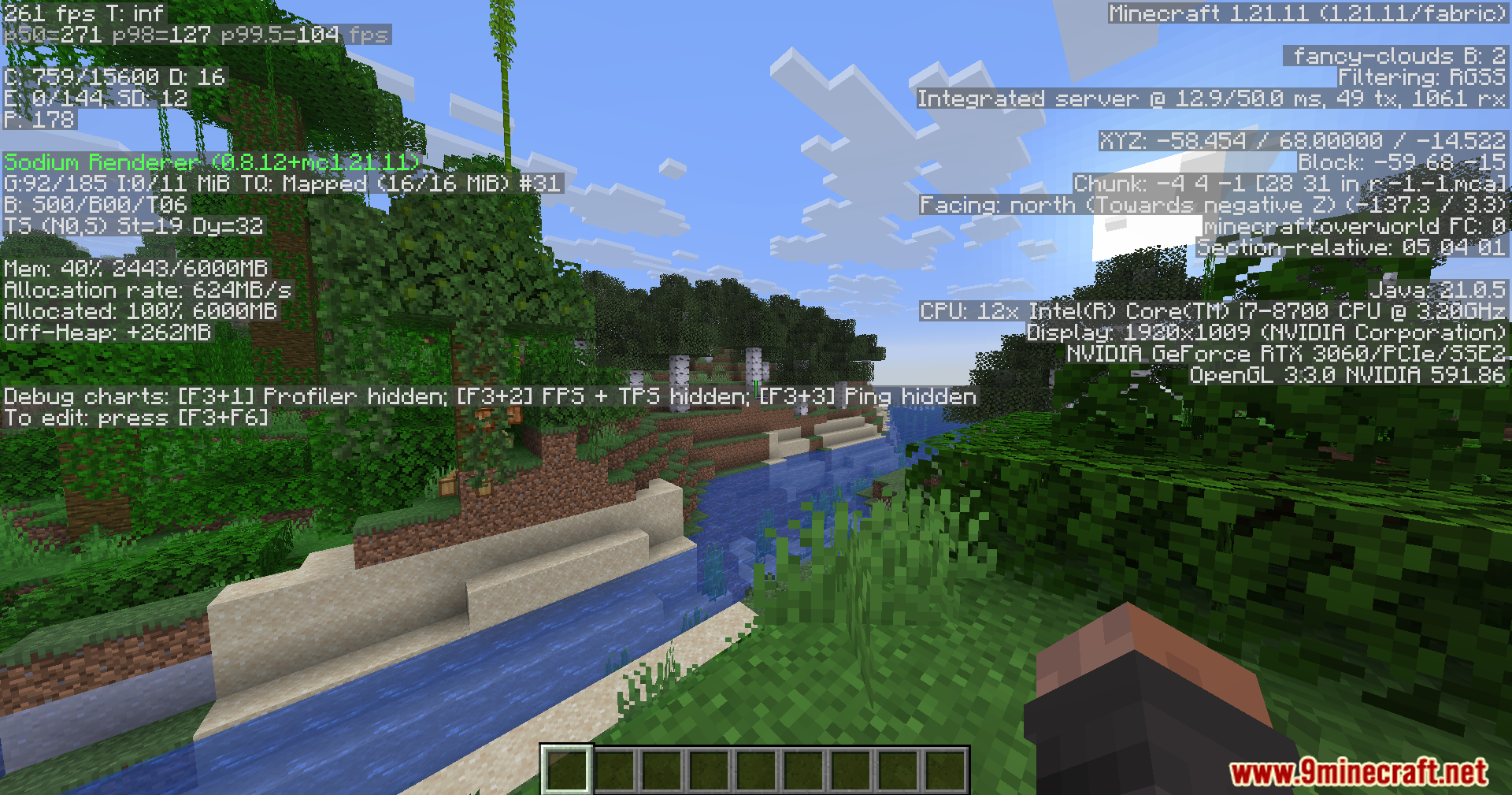 Player viewing performance statistics on the debug screen in a jungle biome