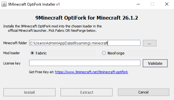 Eingabe eines Lizenzschlüssels in den OptiFork-Installer mit ausgewähltem Fabric-Loader