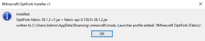 Bestätigungs-Popup, das zeigt, dass die OptiFork-Fabric-Jar erfolgreich in den Mods-Ordner geschrieben wurde