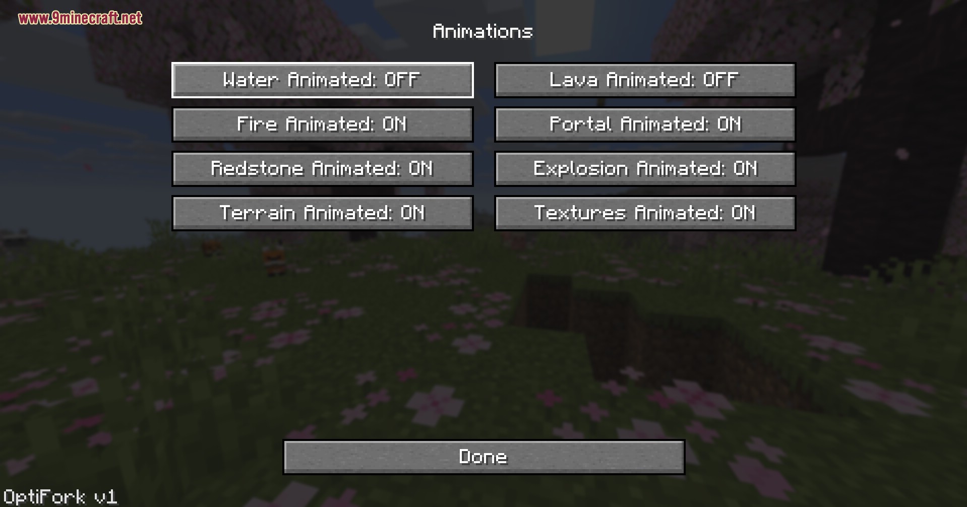 OptiFork Animationen-Untermenü mit Schaltern für Wasser, Feuer, Redstone und andere Partikeleffekte