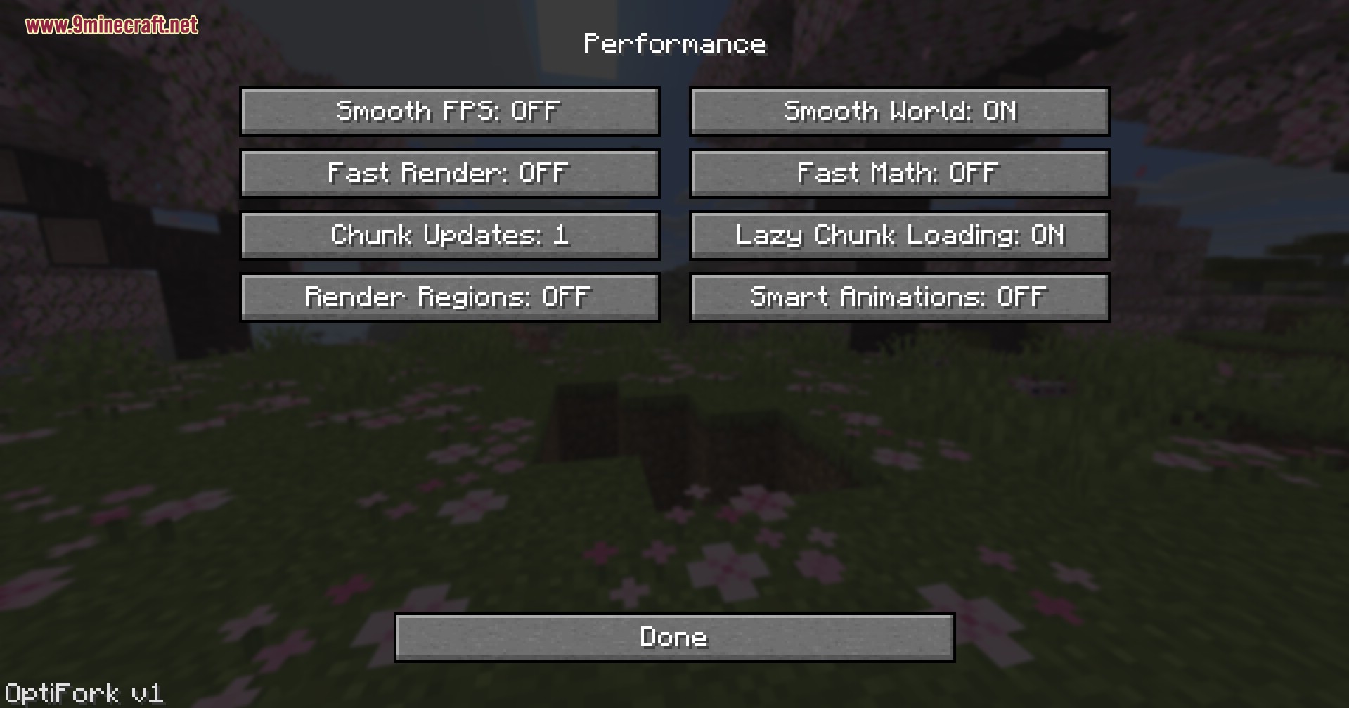 OptiFork Leistung-Untermenü mit Schaltern für Smooth FPS, Fast Render, Chunk Updates und Lazy Chunk Loading