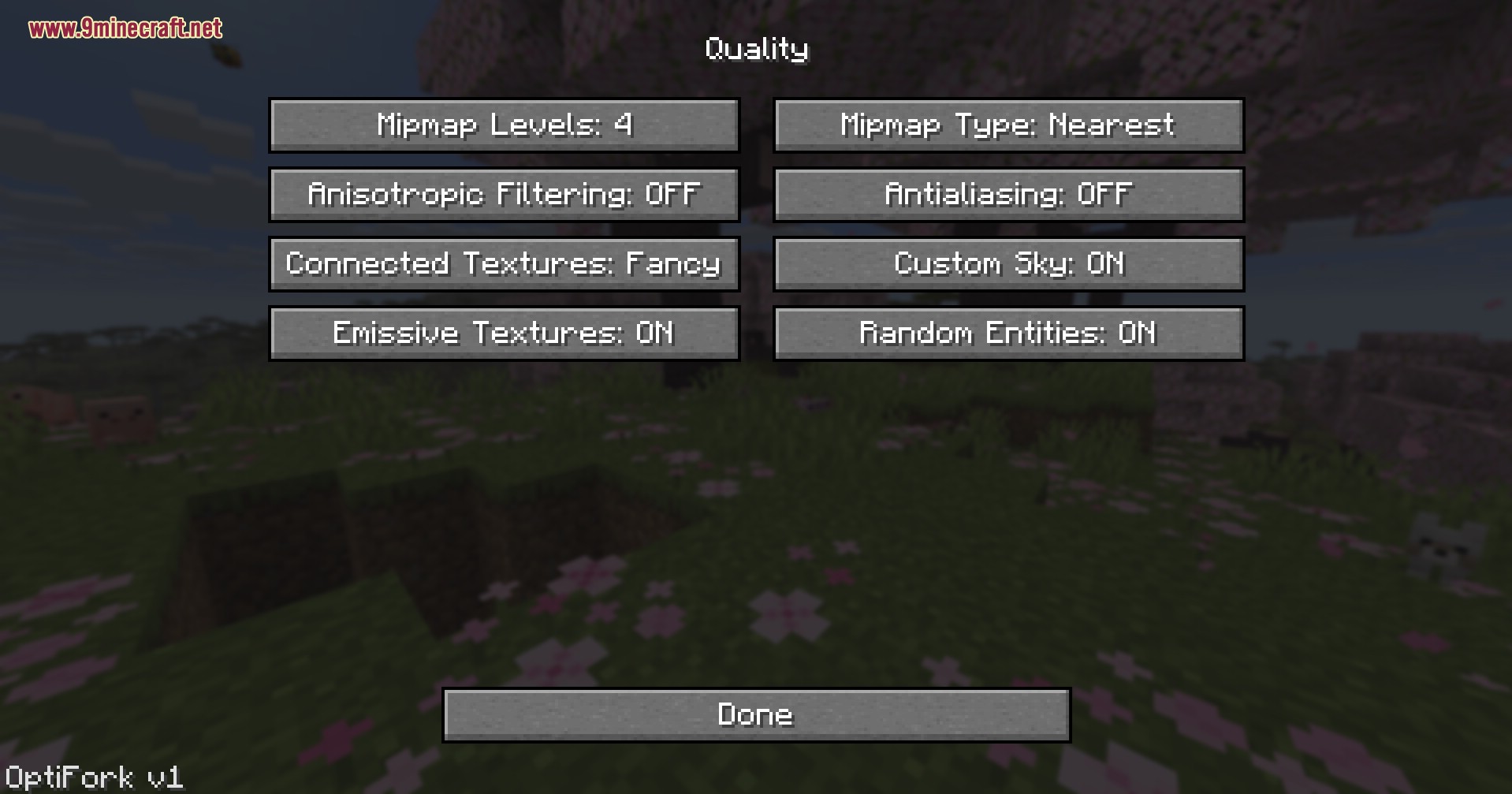 OptiFork Qualität-Untermenü mit Mipmap Levels, Connected Textures, Custom Sky und Emissive Textures