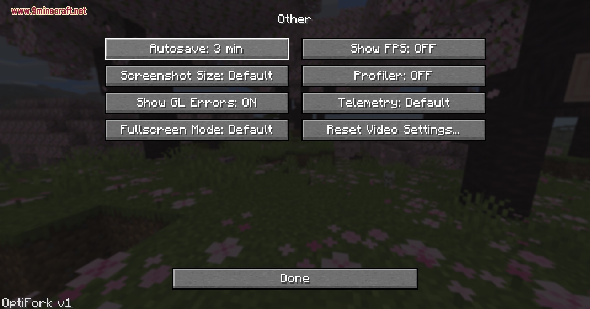 OptiFork Sonstiges-Untermenü mit Optionen für Autosave, Show FPS, Profiler, Telemetry und Fullscreen Mode