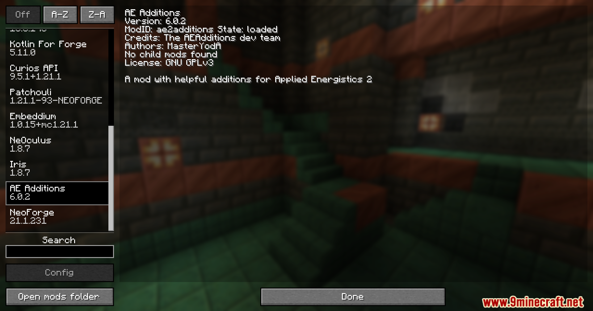 AE Additions Extracells2 Fork Mod Screenshot 1 Minecraft mod menu displaying the installed AE Additions mod and its version