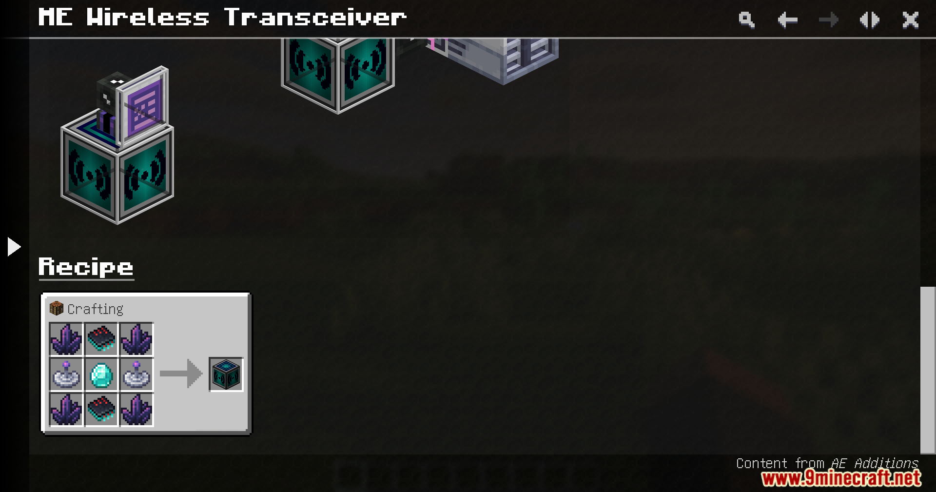 AE Additions Extracells2 Fork Mod Screenshot 6 Crafting recipe for the ME Wireless Transceiver using crystals and a diamond