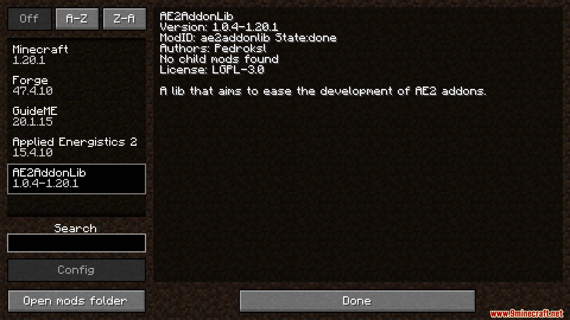 Minecraft mod list menu displaying AE2 Addon Lib and other technical mods