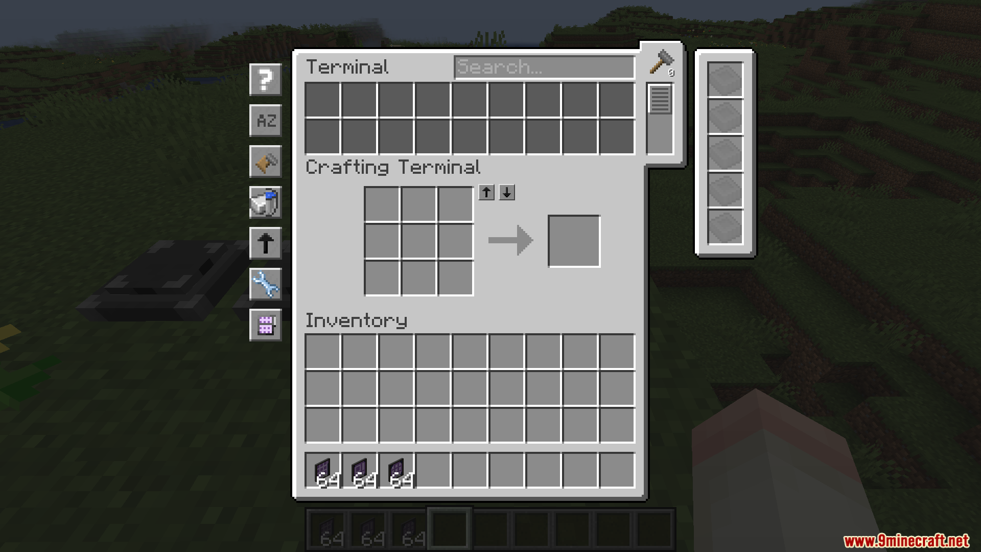 A detailed crafting terminal interface with inventory and menu widgets