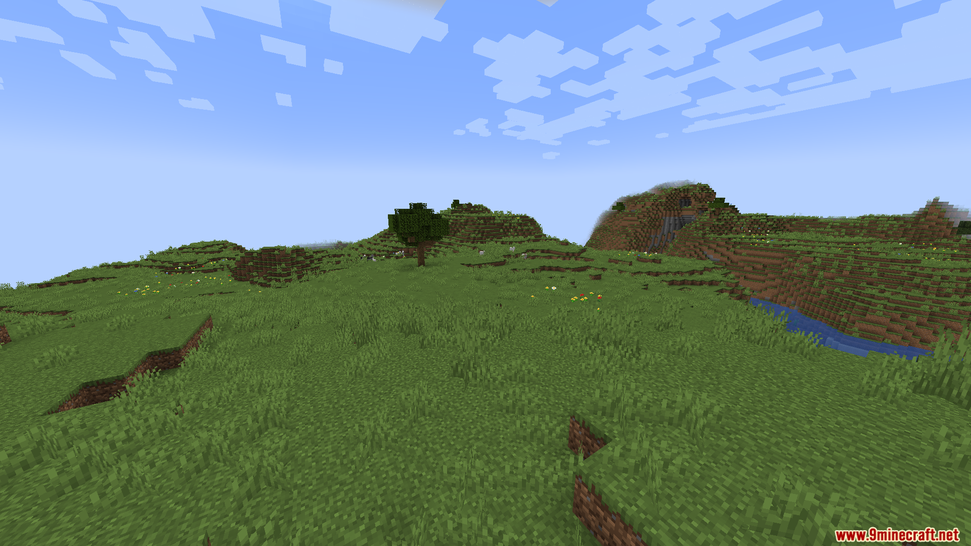 A wide view of a green Minecraft plains biome with rolling hills