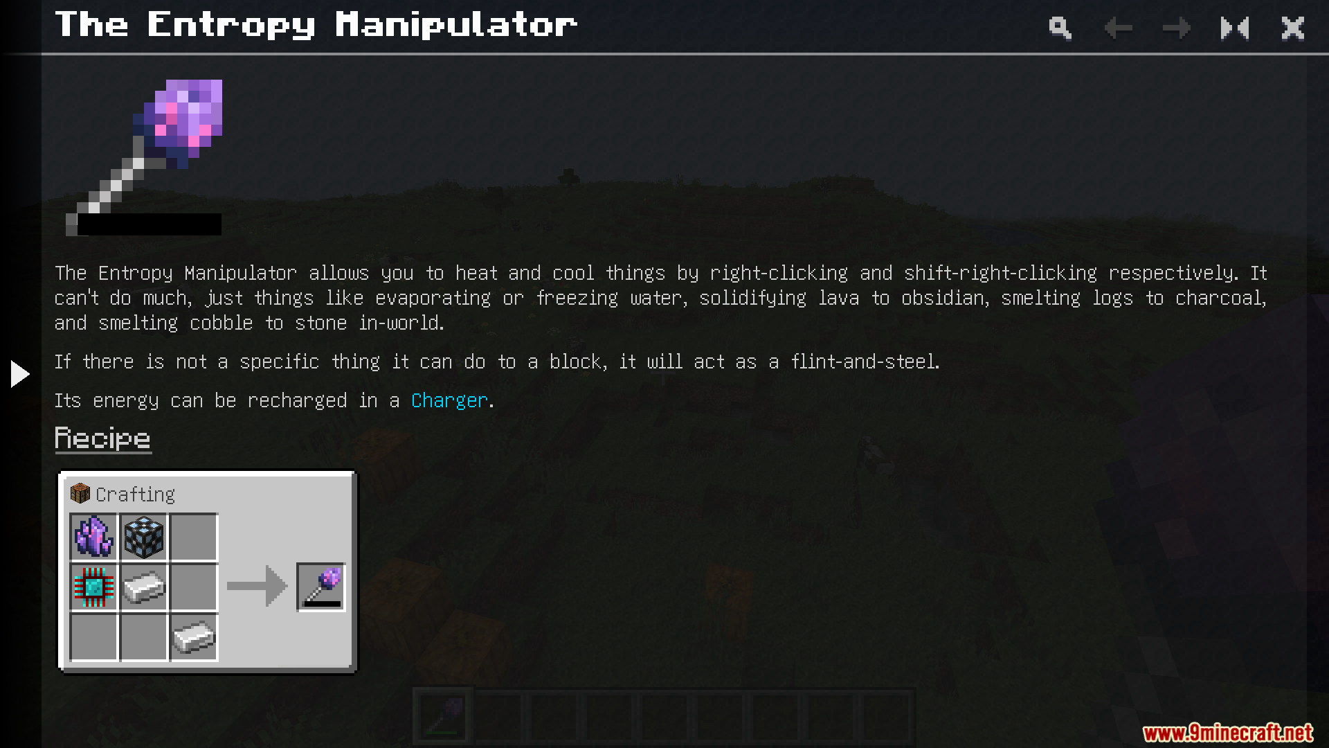 Interface showing the crafting recipe and description for the Entropy Manipulator tool