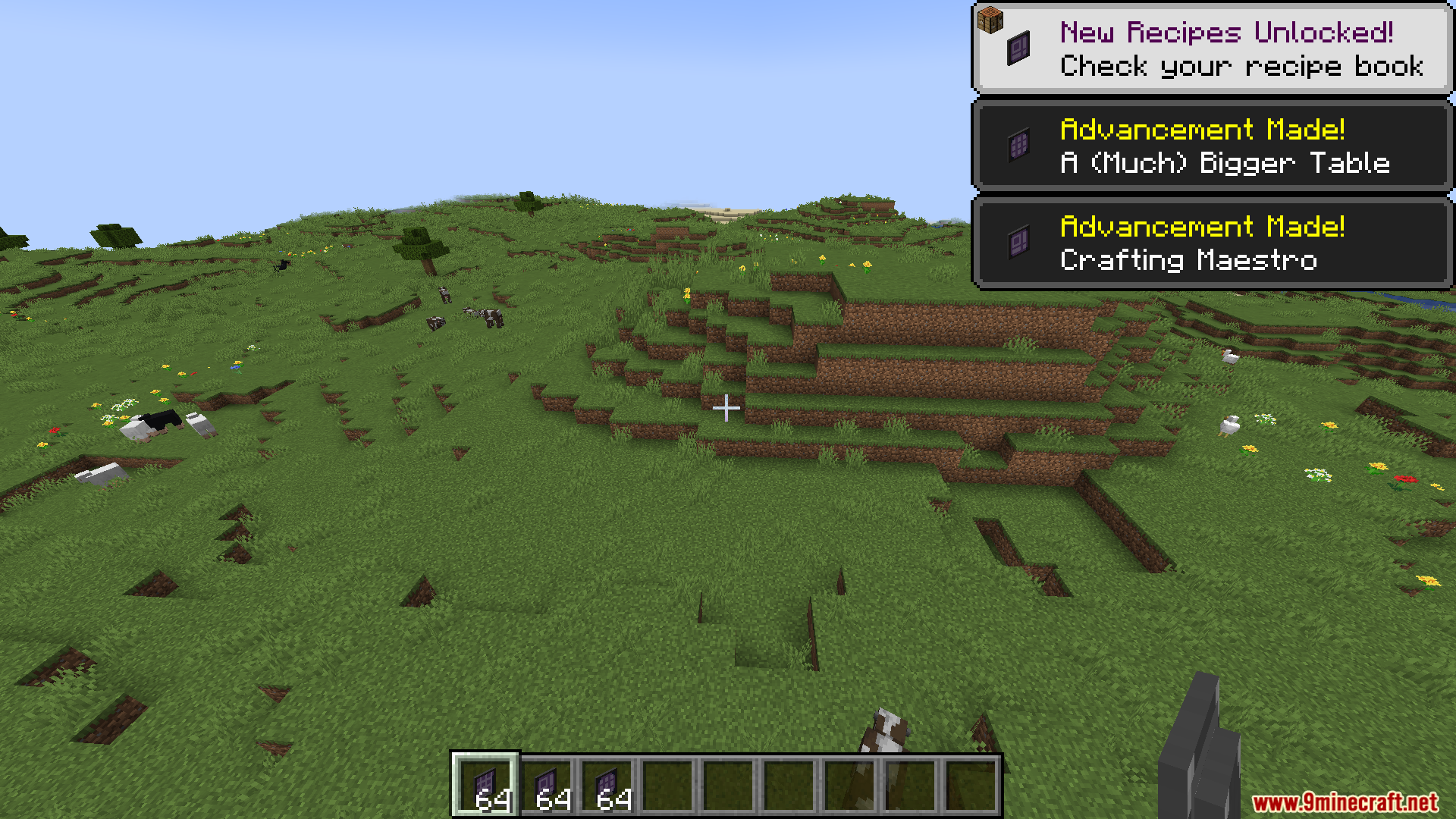 Player standing in a field with several new advancements unlocked