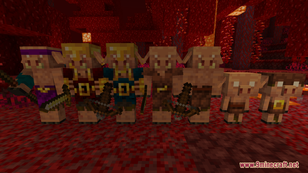AL's Piglins Revamped Resource Pack Screenshot 1 A group of Piglins with various outfits and weapons in the Crimson Forest