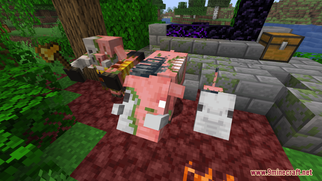 AL's Piglins Revamped Resource Pack Screenshot 10 Revamped Zombified Piglins and Zoglins standing near a ruined portal in the forest