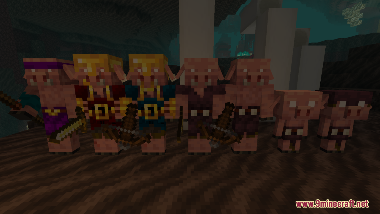 AL's Piglins Revamped Resource Pack Screenshot 2 Piglins with unique textures and models standing in the Soul Sand Valley