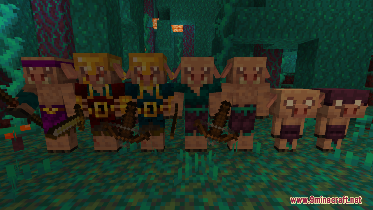AL's Piglins Revamped Resource Pack Screenshot 3 Various Piglin types with unique clothing and weapons in a Warped Forest