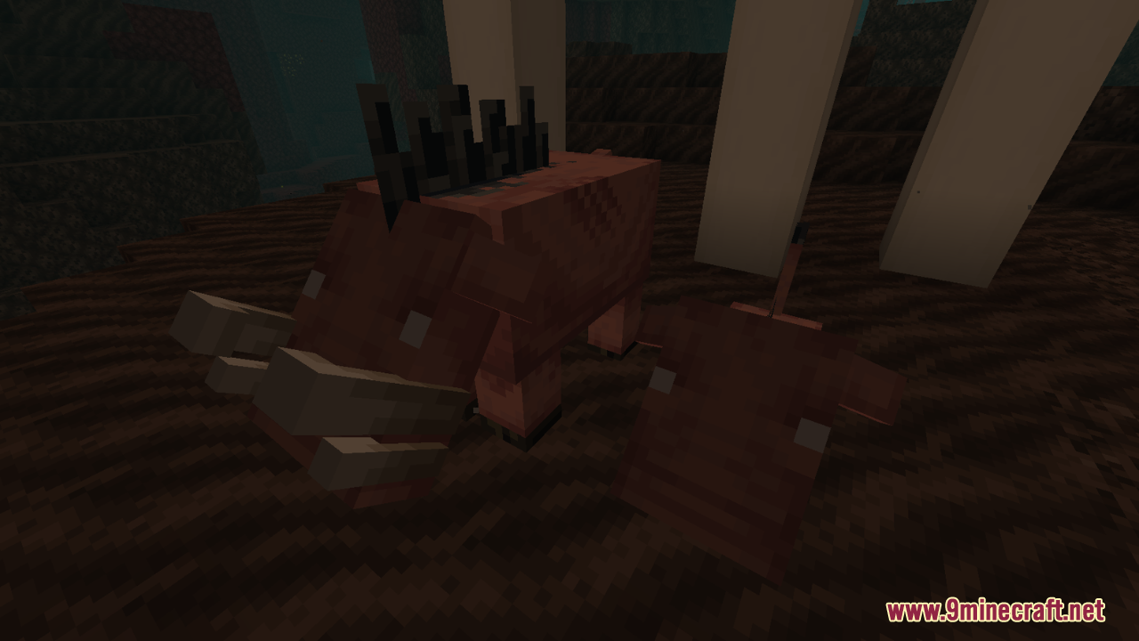 AL's Piglins Revamped Resource Pack Screenshot 4 Adult and baby Hoglins with updated models standing on dark Nether ground