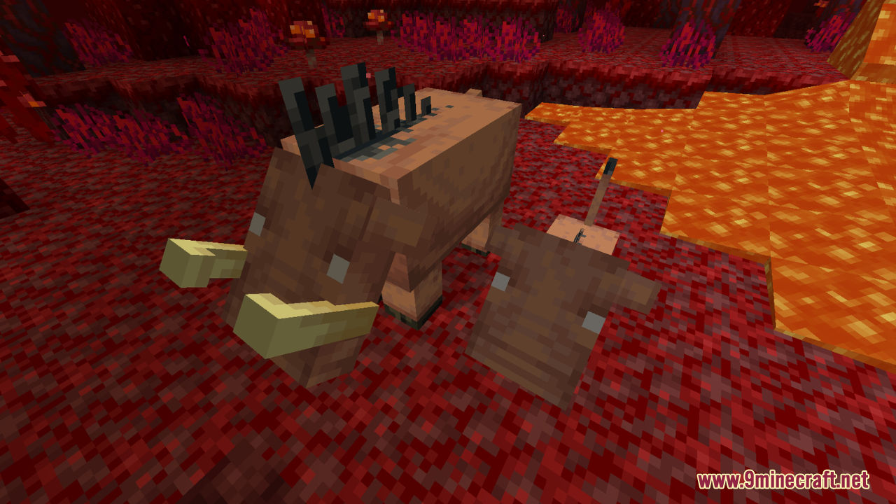 AL's Piglins Revamped Resource Pack Screenshot 5 Adult and baby Hoglins with large tusks standing in the Crimson Forest