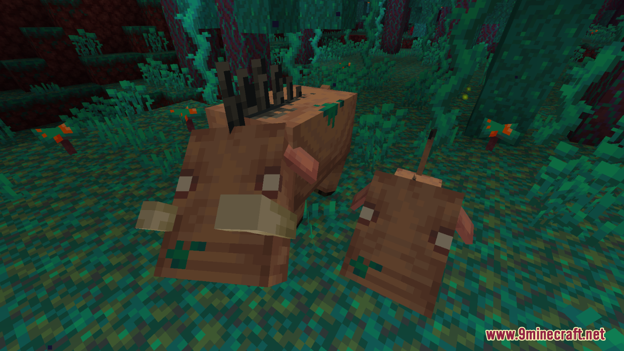 AL's Piglins Revamped Resource Pack Screenshot 6 Adult and baby Hoglins with green fungal textures in the Warped Forest