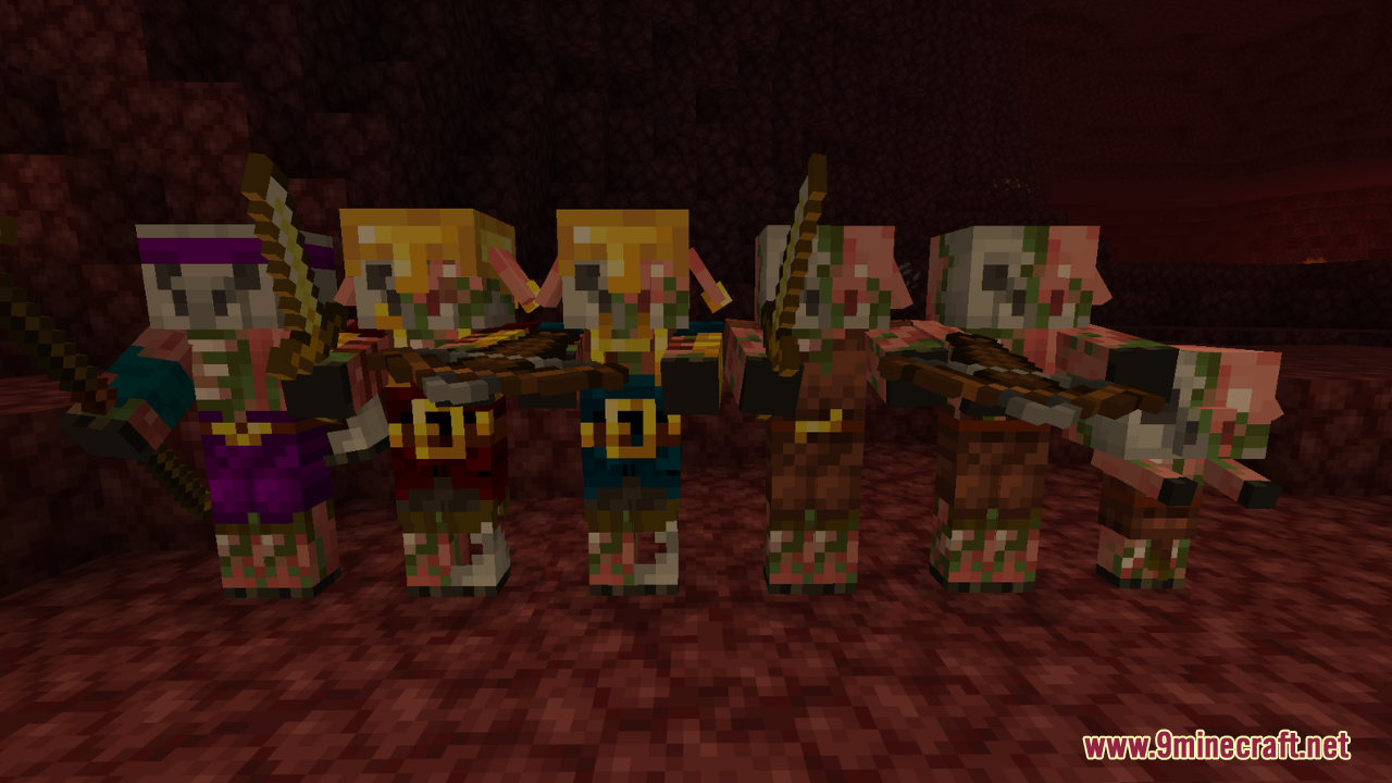 AL's Piglins Revamped Resource Pack Screenshot 7 Zombified piglins with unique outfits and weapons standing together in the nether