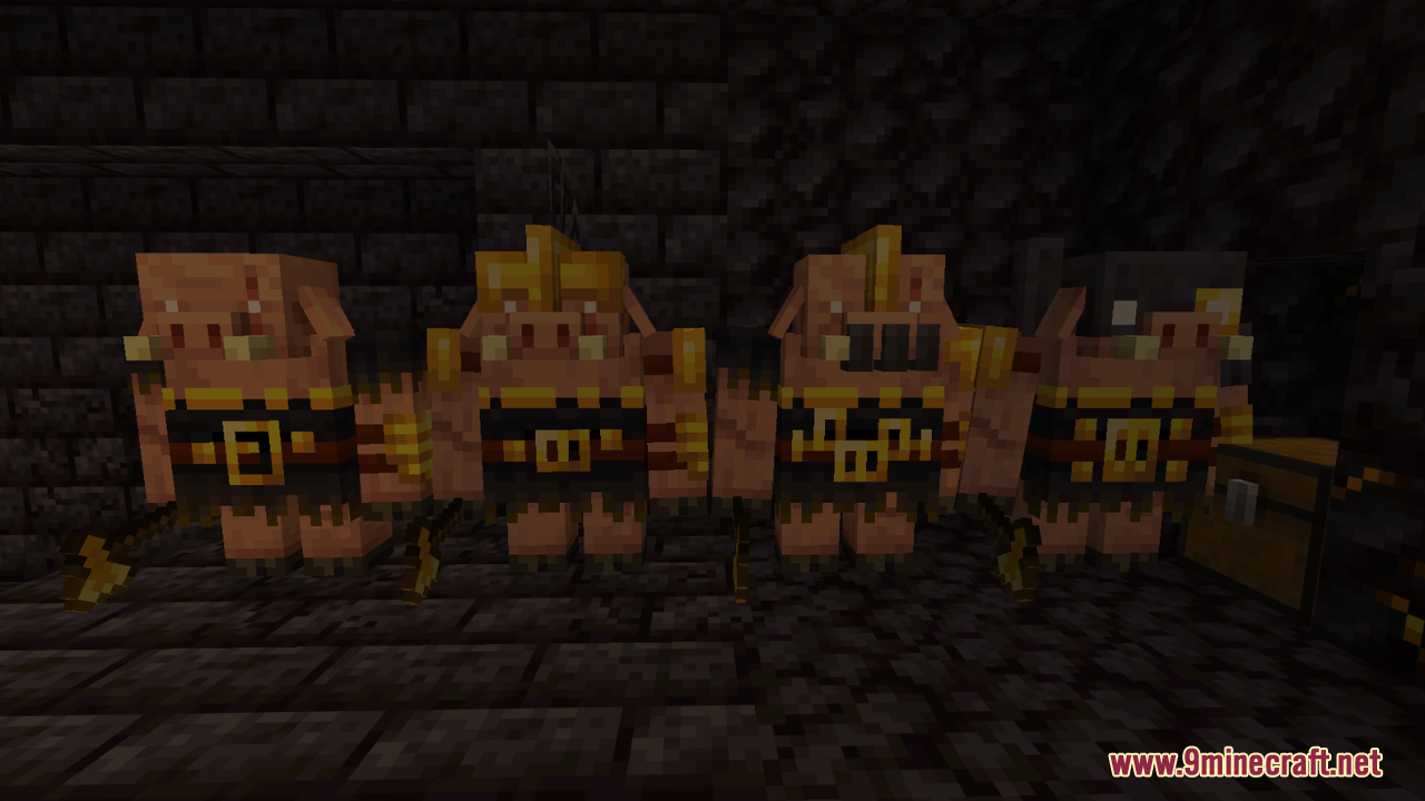 AL's Piglins Revamped Resource Pack Screenshot 8 Piglin brutes with revamped models and golden axes standing in a bastion