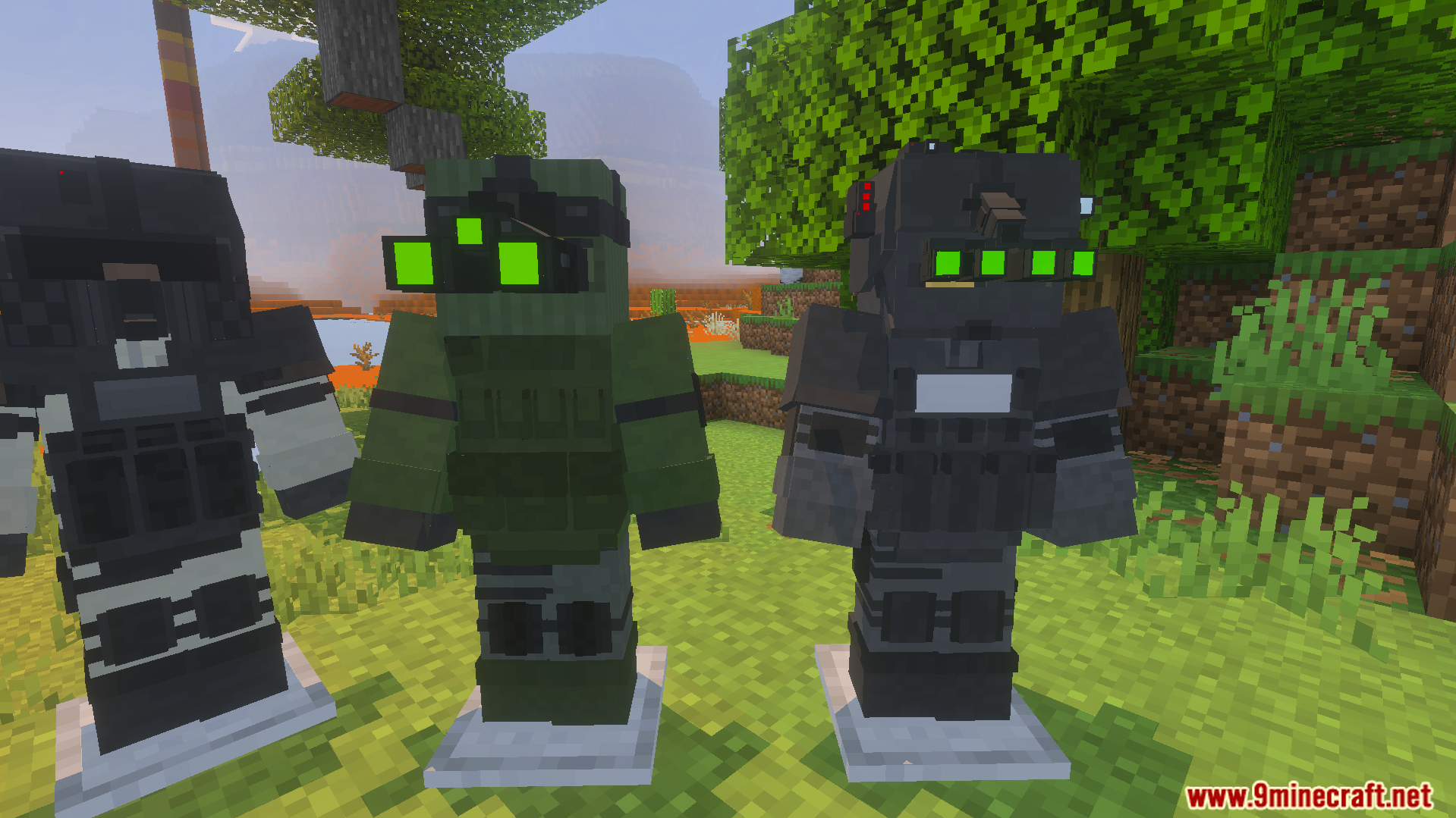 Detailed view of modern military gear including helmets with green night vision goggles