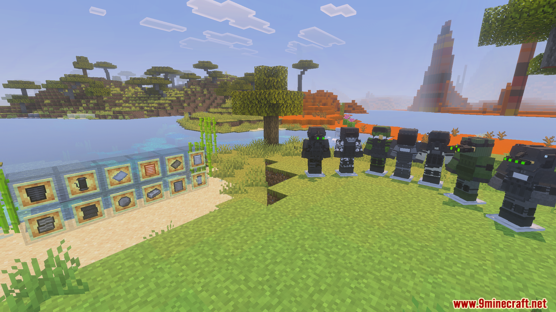 Armor stands displaying modern military gear and item frames with crafting materials