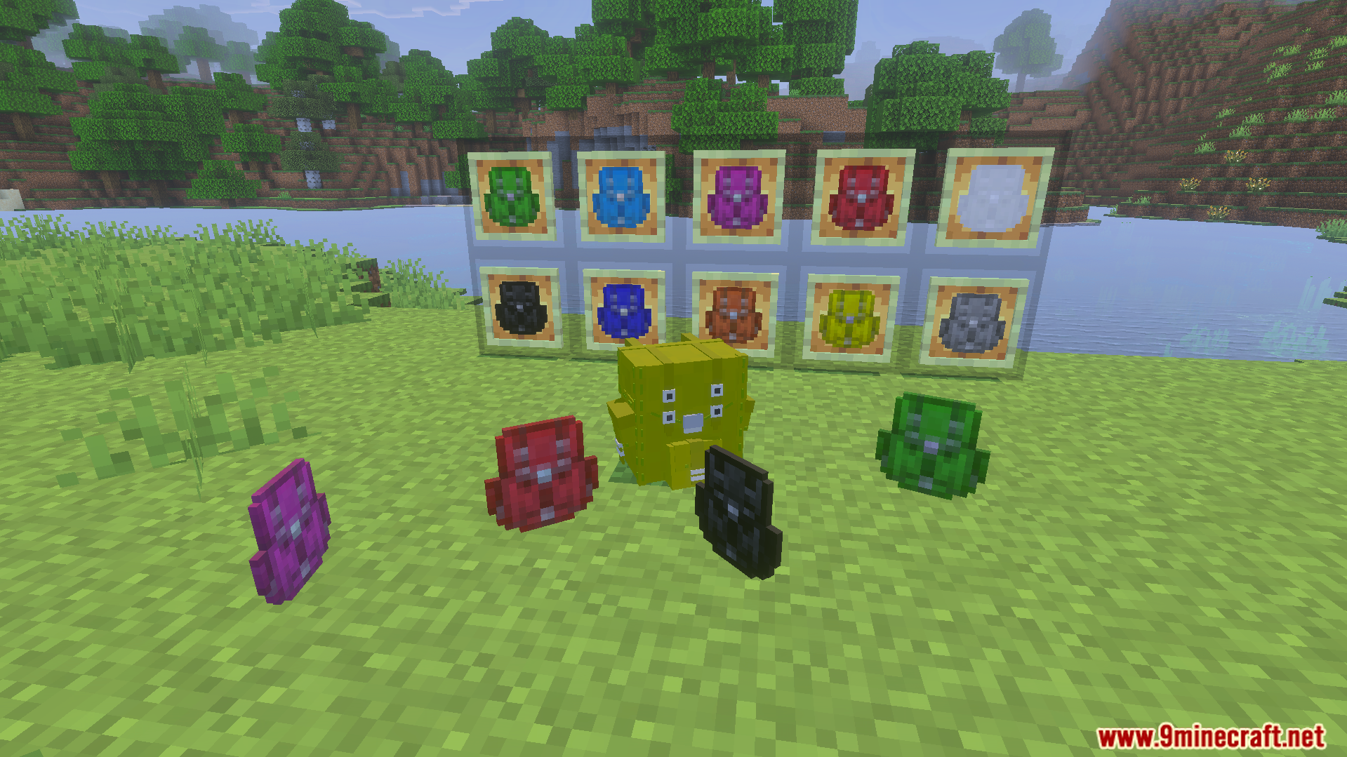 Actual Backpack Addon Screenshot 6 Multiple colorful backpacks displayed in item frames and placed on the grassy ground