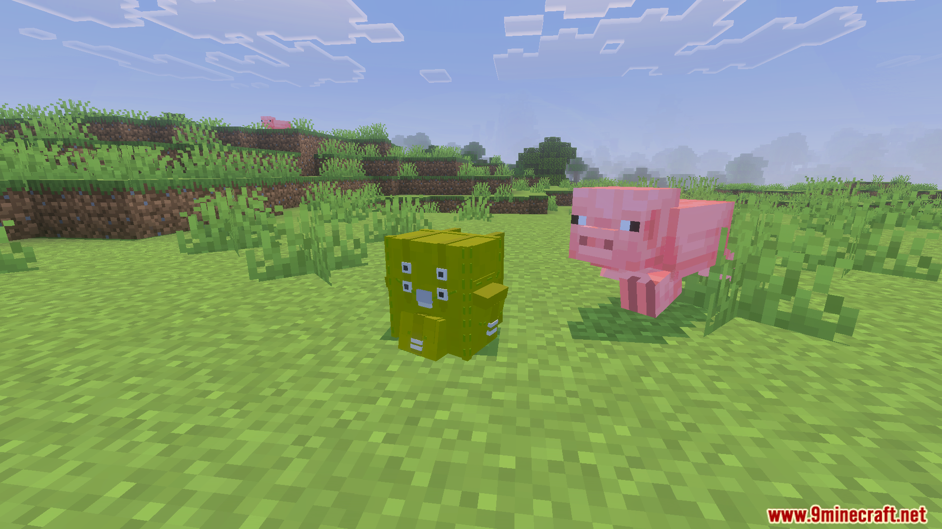 Actual Backpack Addon Screenshot 8 A yellow backpack placed on the grass next to a pink pig