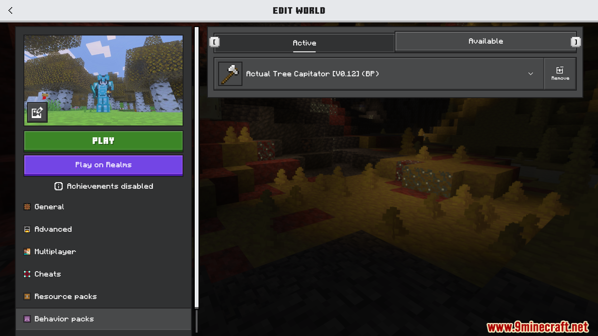 Activating the Actual Tree Capitator behavior pack in the world settings menu