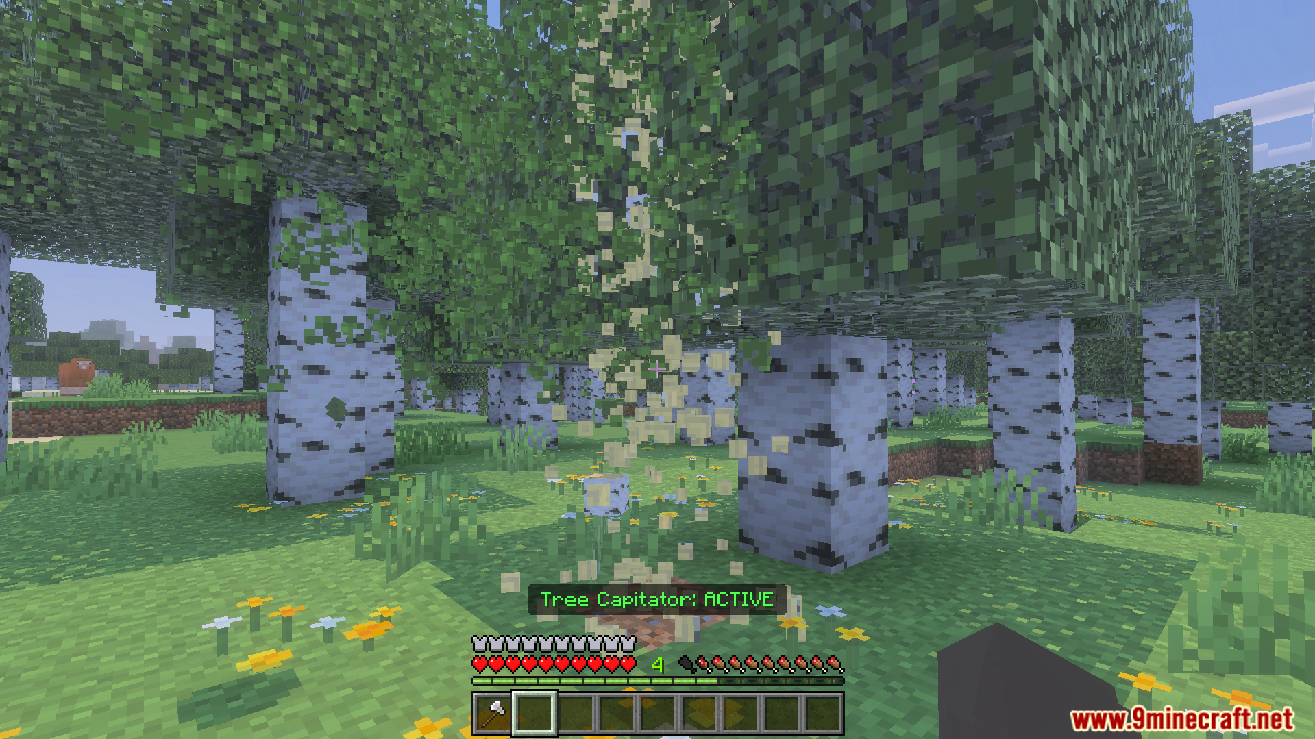 Birch tree logs falling down as items after breaking the bottom block