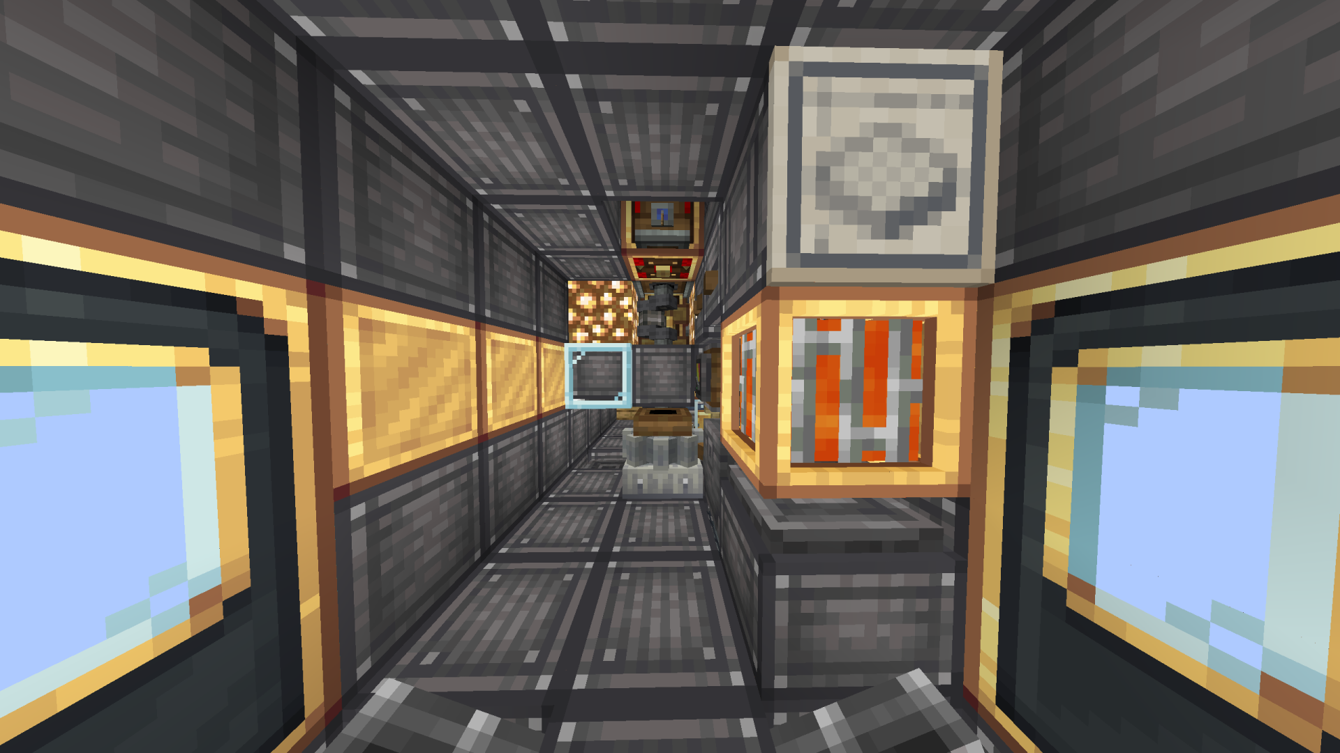 AeroWorks Helicopter Airbase Schematic Screenshots 1 Interior view of a narrow metallic corridor inside a custom Minecraft helicopter