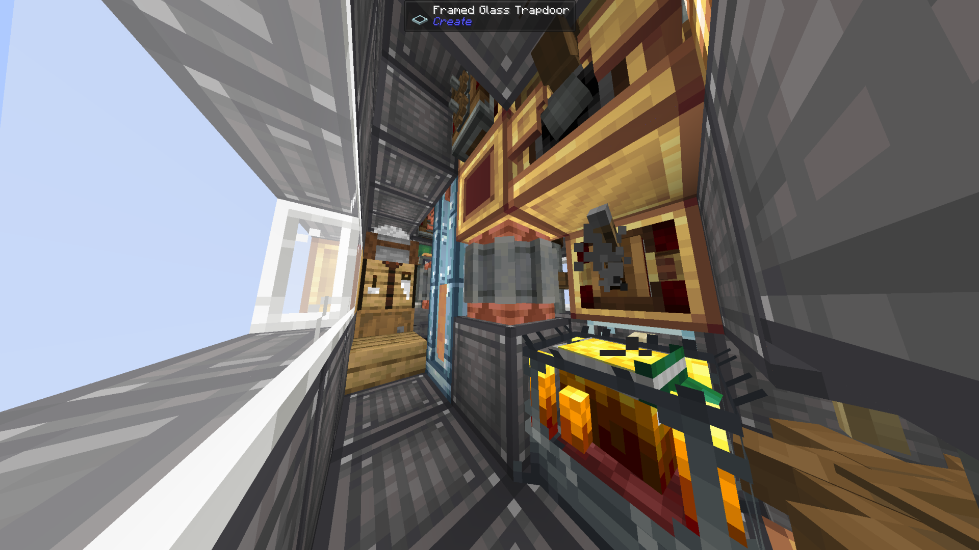 AeroWorks Helicopter Airbase Schematic Screenshots 4 Narrow corridor inside the helicopter showing storage chests and a working furnace