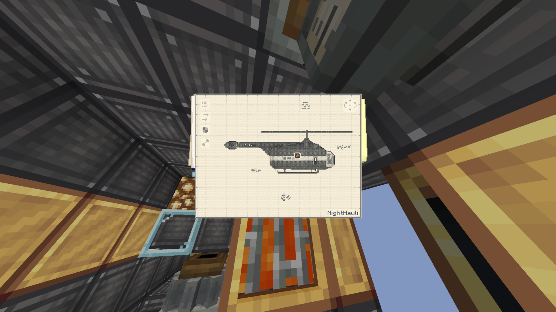 AeroWorks Helicopter Airbase Schematic Screenshots 6 Side profile view of the NightHauli helicopter schematic in a Minecraft interface