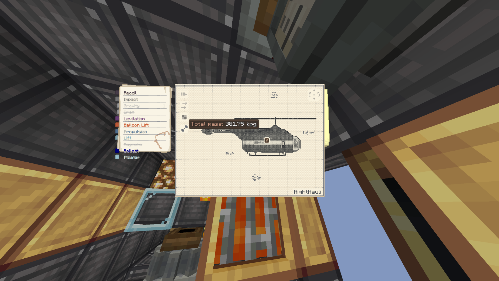 AeroWorks Helicopter Airbase Schematic Screenshots 7 Technical blueprint interface displaying the total mass of the NightHauli helicopter build