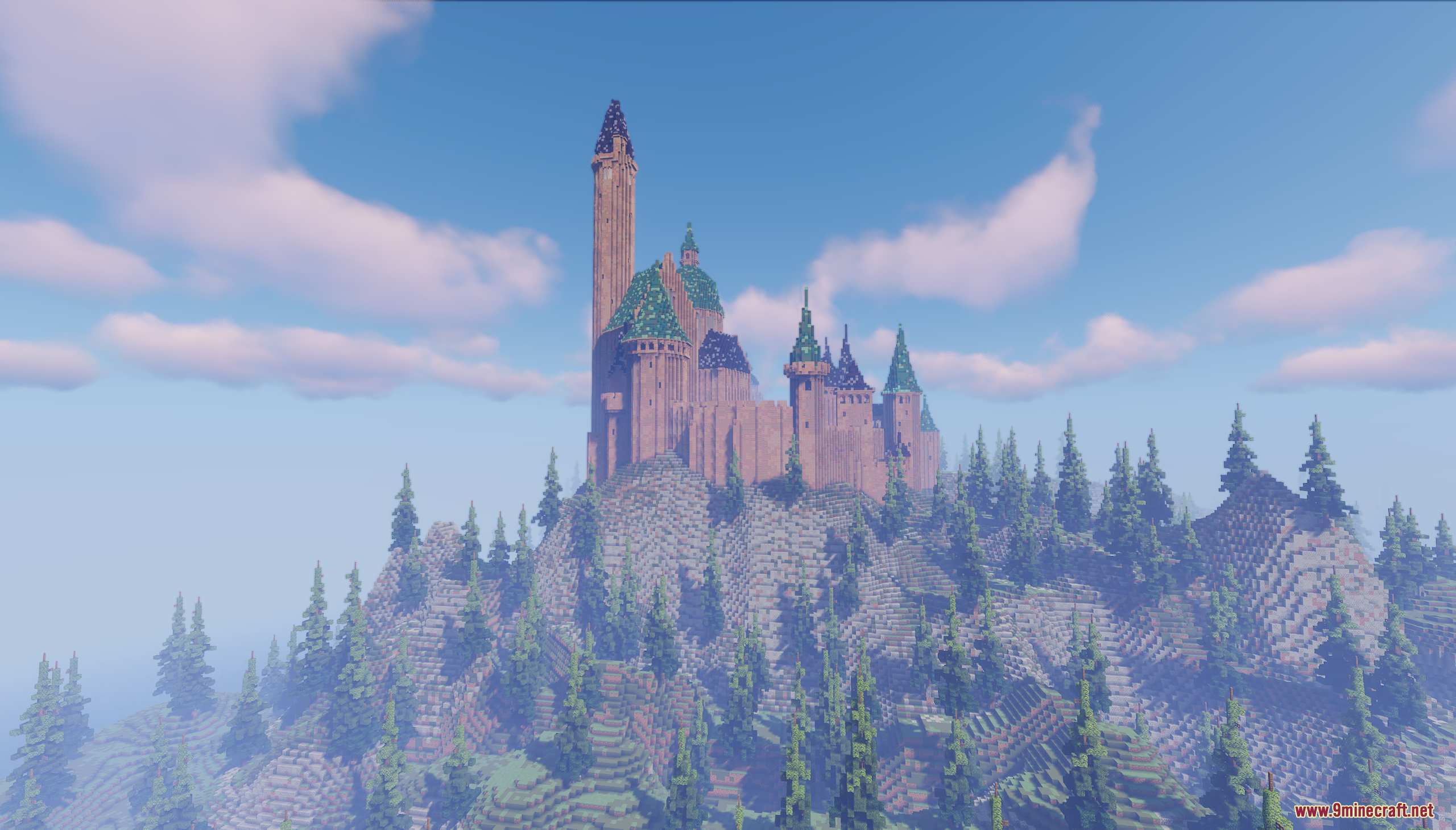 A wide shot of a massive castle built on a rocky mountain peak