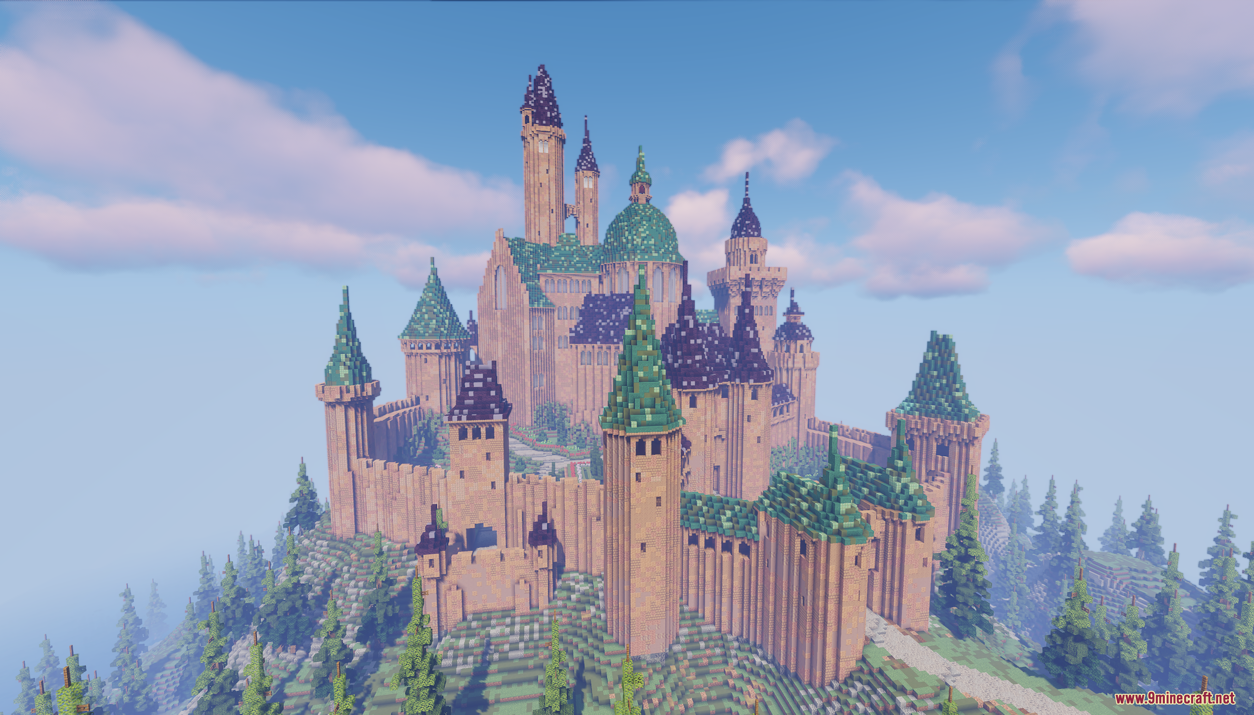 A sprawling medieval castle with tall towers and green roofs overlooking a forest