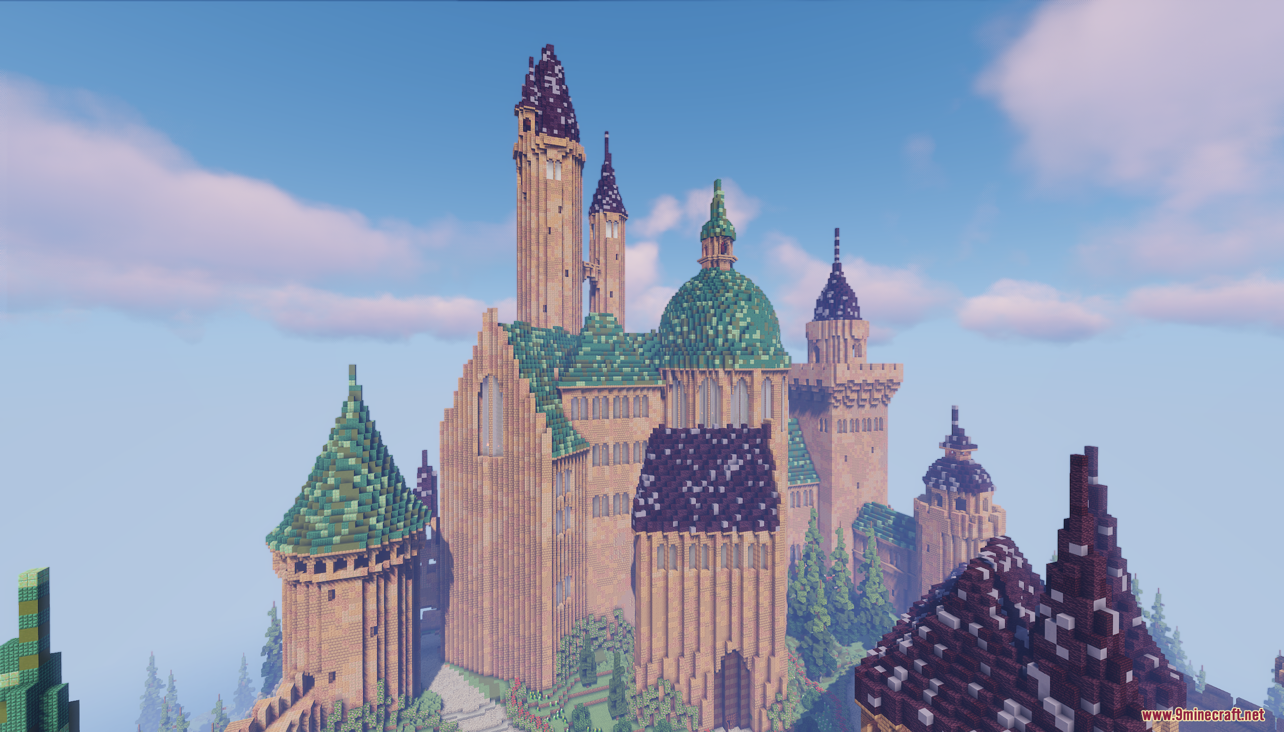 A massive medieval castle featuring tall towers and green domed roofs in Minecraft
