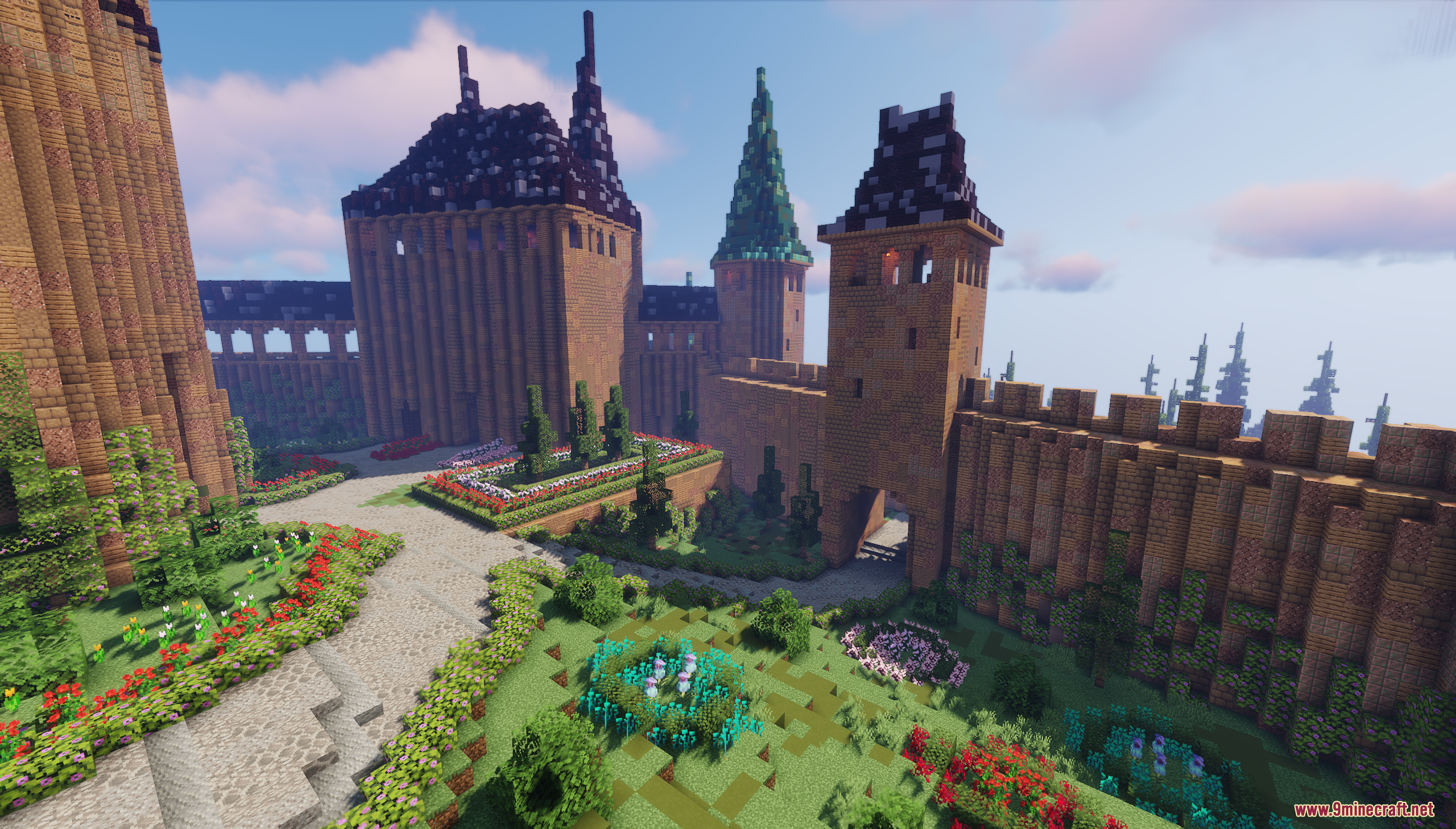 Lush flower gardens and stone pathways within the walls of Aetherhold Castle