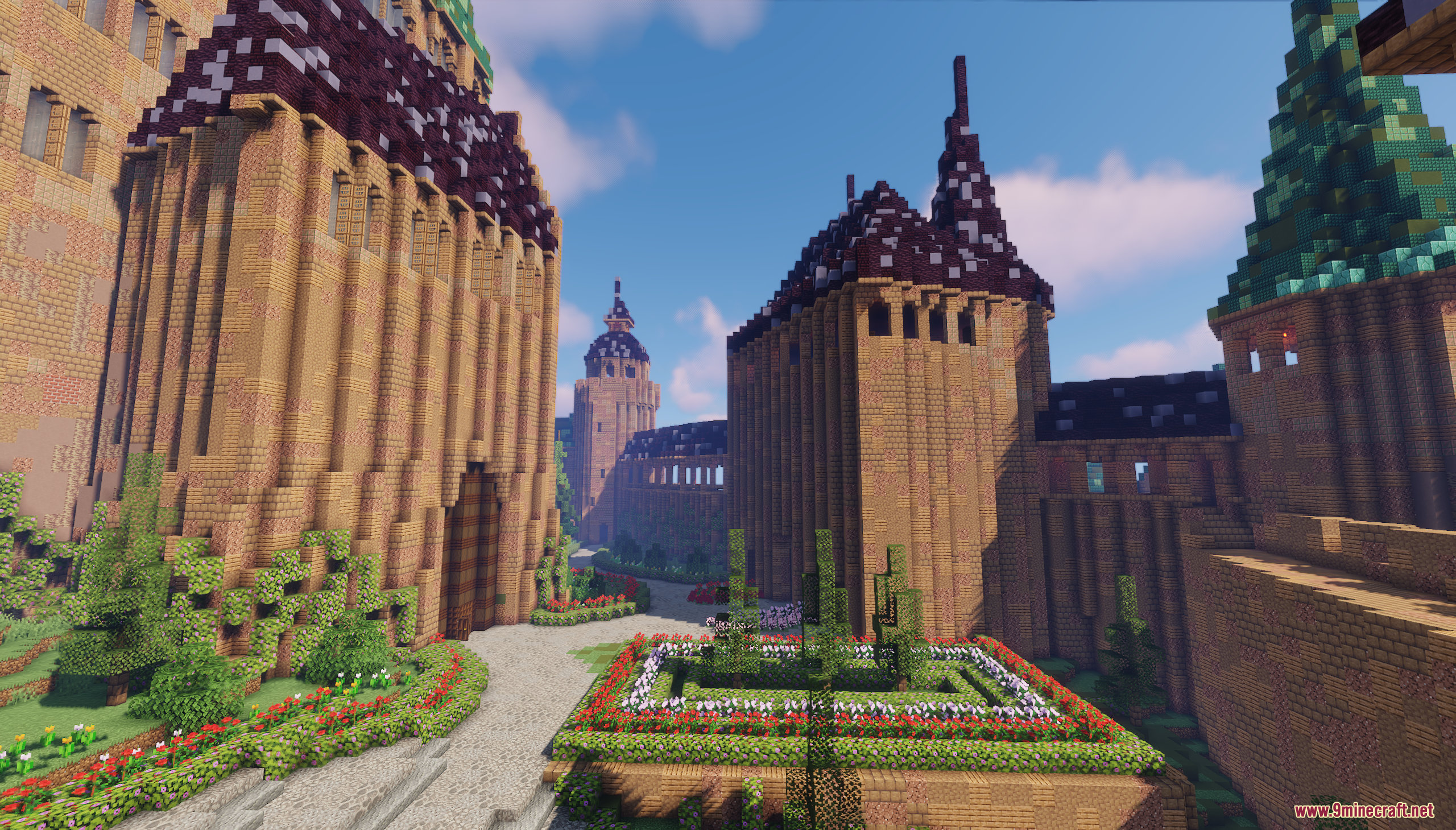 Tall tan towers and garden paths within the Aetherhold Castle Map
