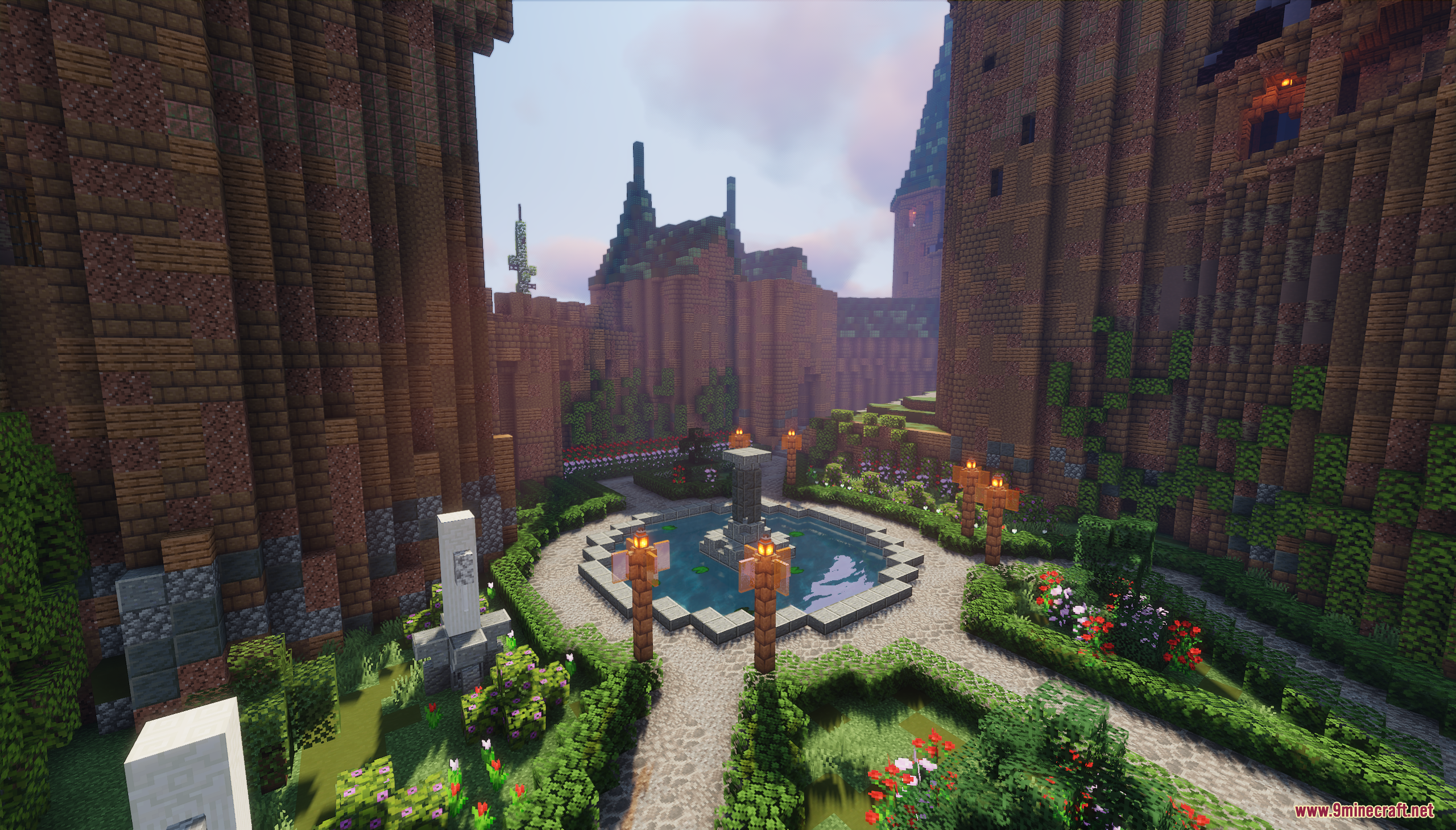 Beautiful courtyard with a circular fountain and manicured hedges in Minecraft