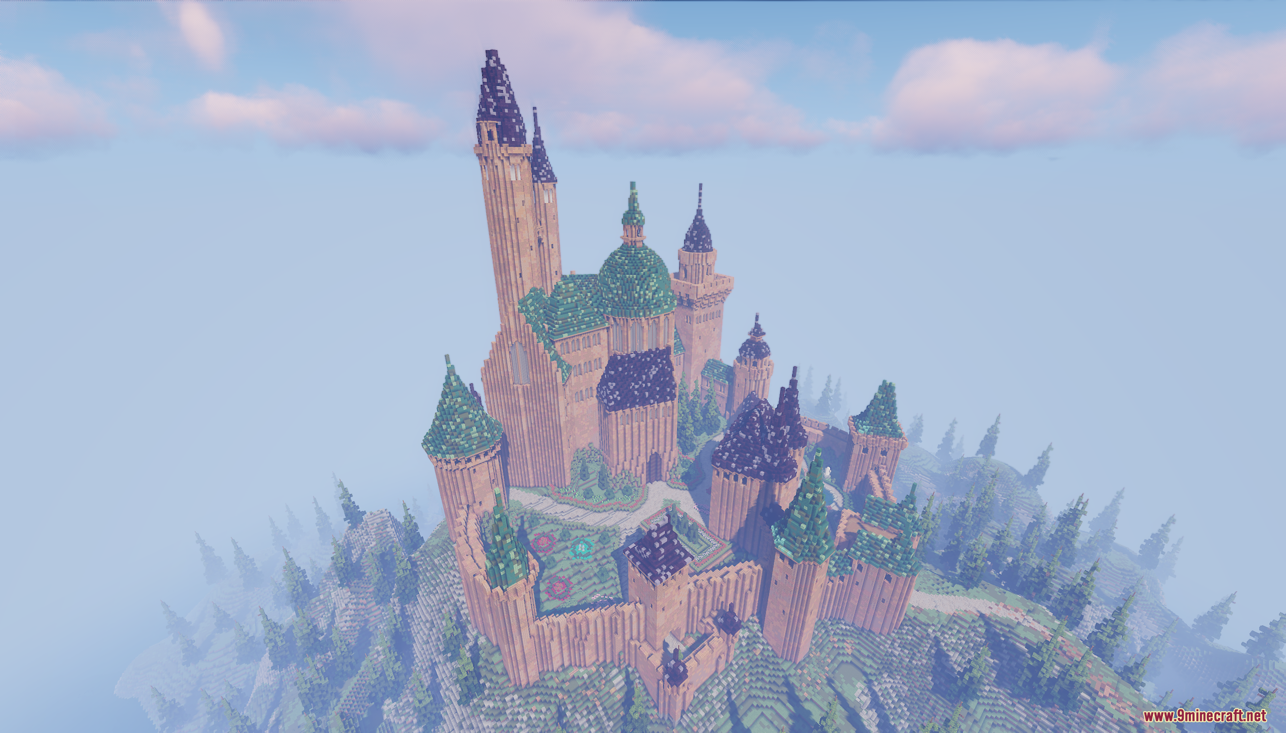 An aerial view of Aetherhold Castle Map featuring tall towers and green roofs