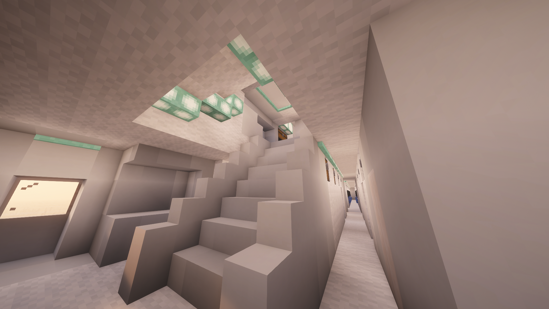 The interior of a Minecraft Airbus A380 showing a staircase and corridor